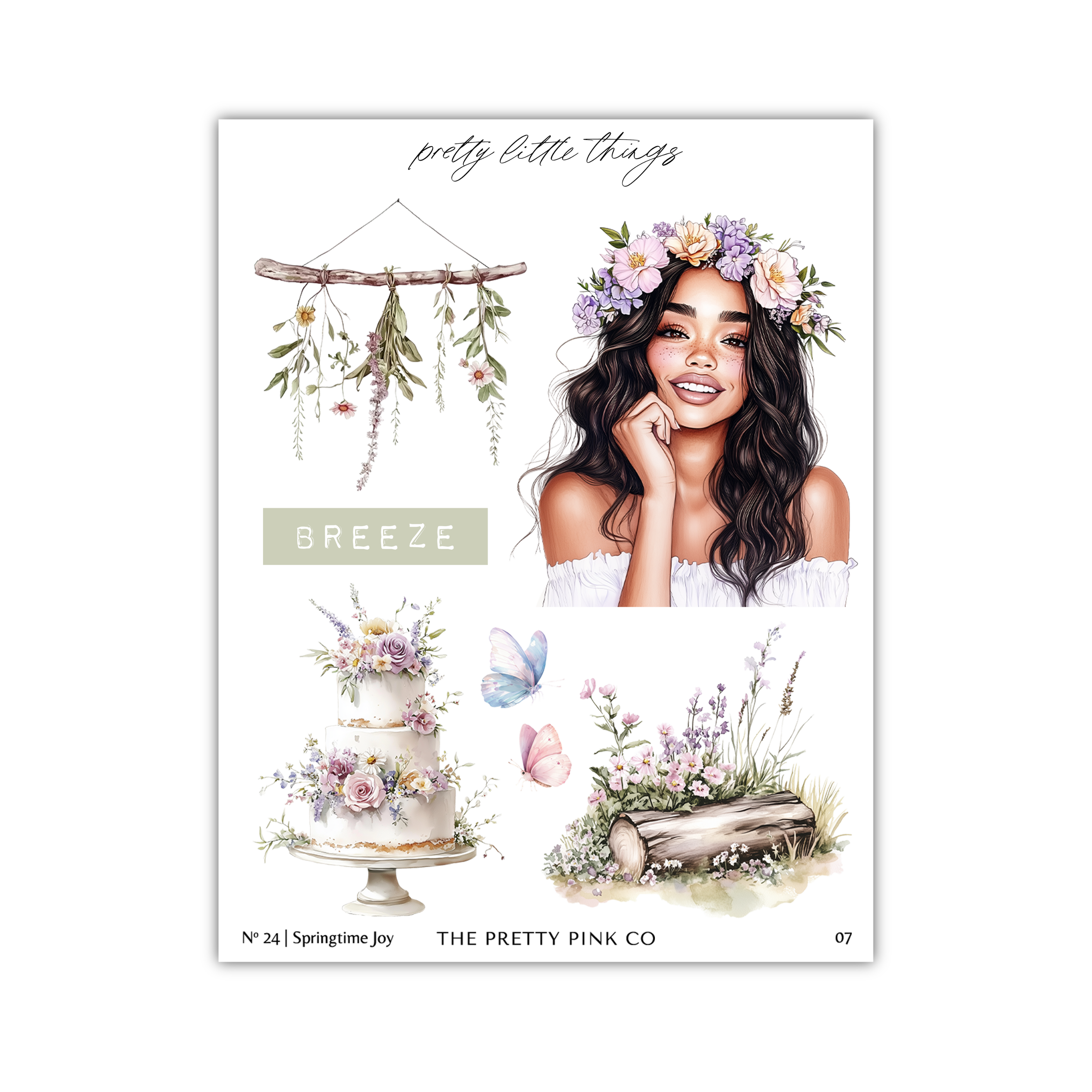 The image is a collage of various floral and decorative elements, including a woman with a flower crown, a cake with flowers, butterflies, and a log.