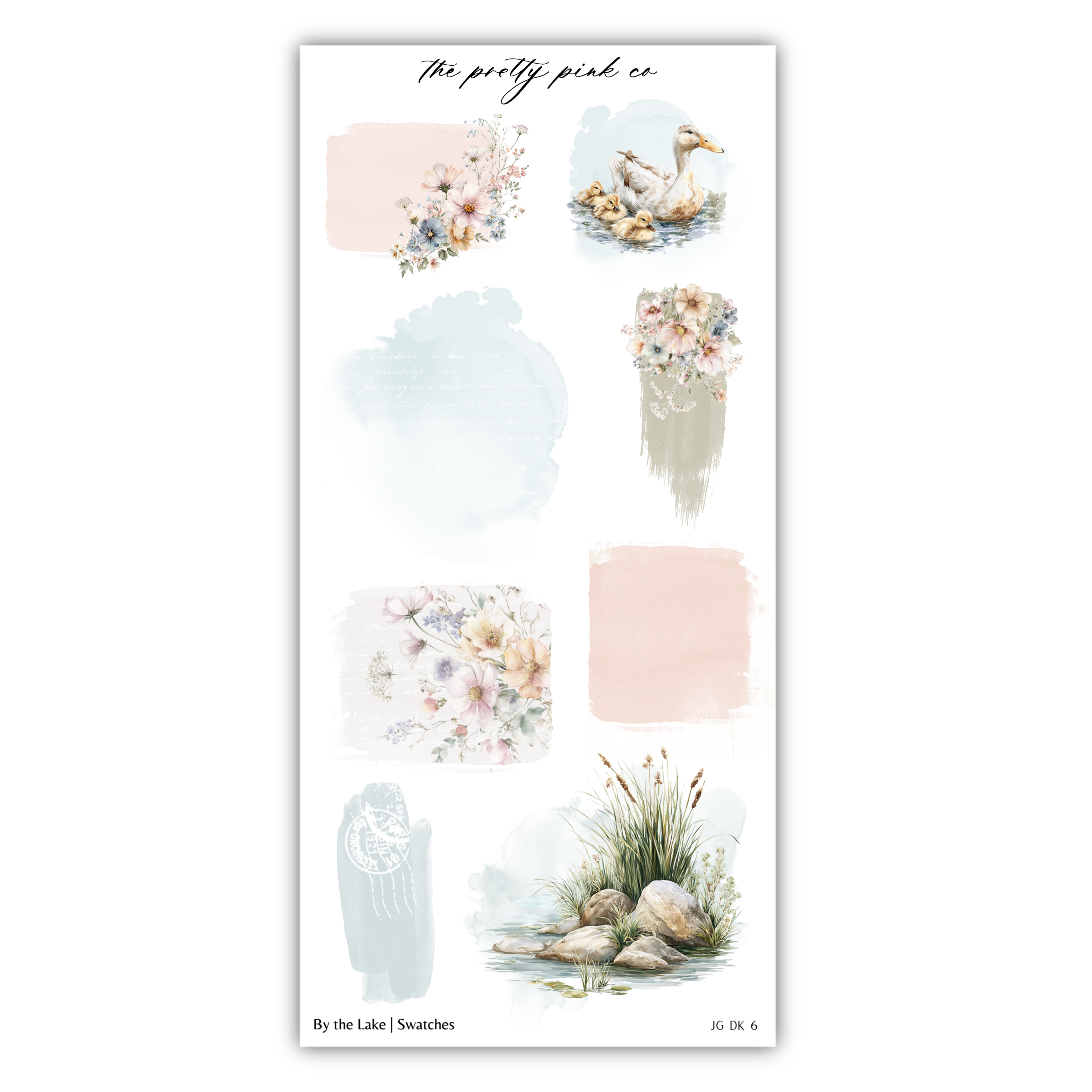 The image is a collage of various floral and natural elements, including flowers, plants, and a duck. The collage is titled "The pretty pink co" and includes images of a duck, flowers, and plants.