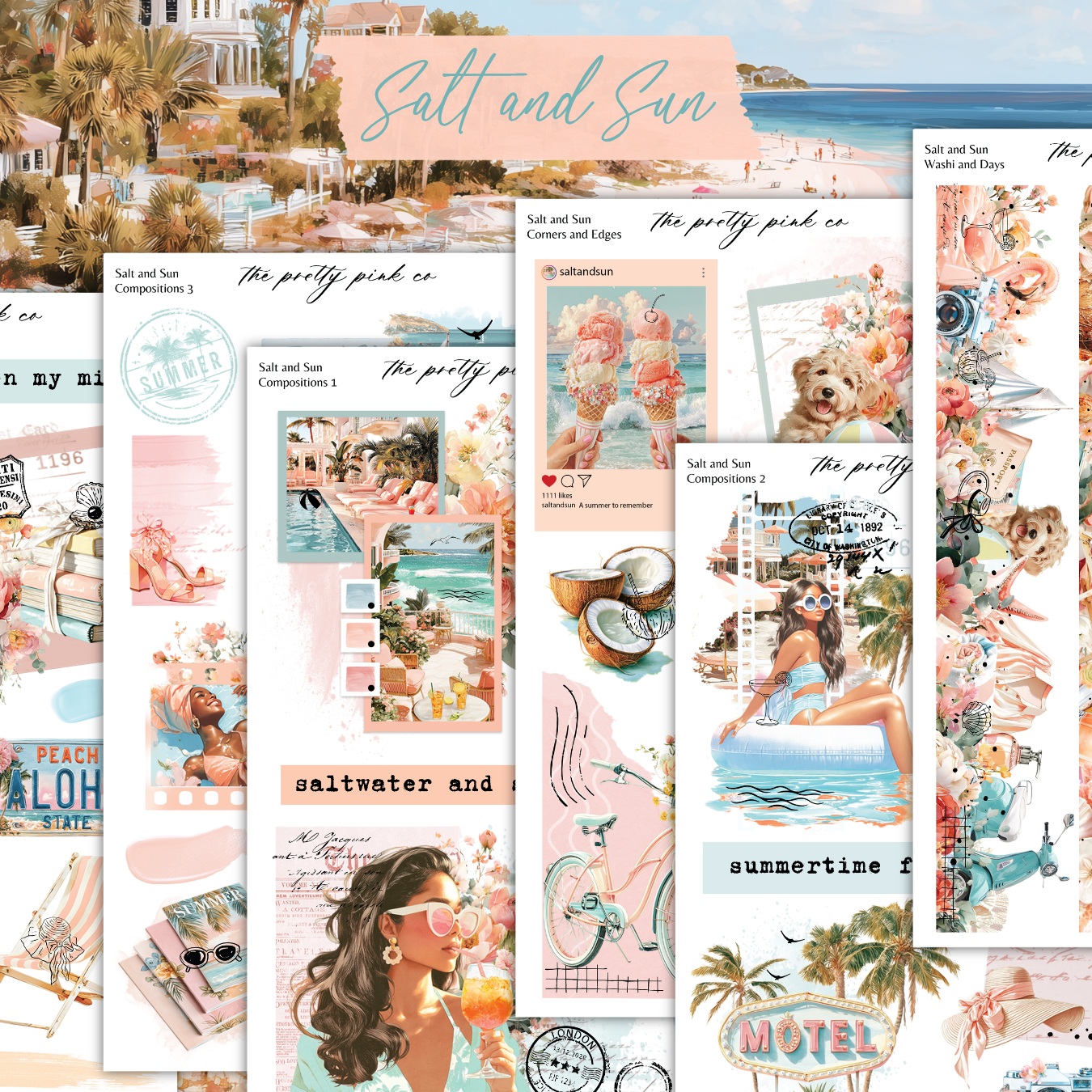 The image is a collage of various images related to the theme of "Salt and Sun", including beach scenes, tropical flowers, and a woman in sunglasses.