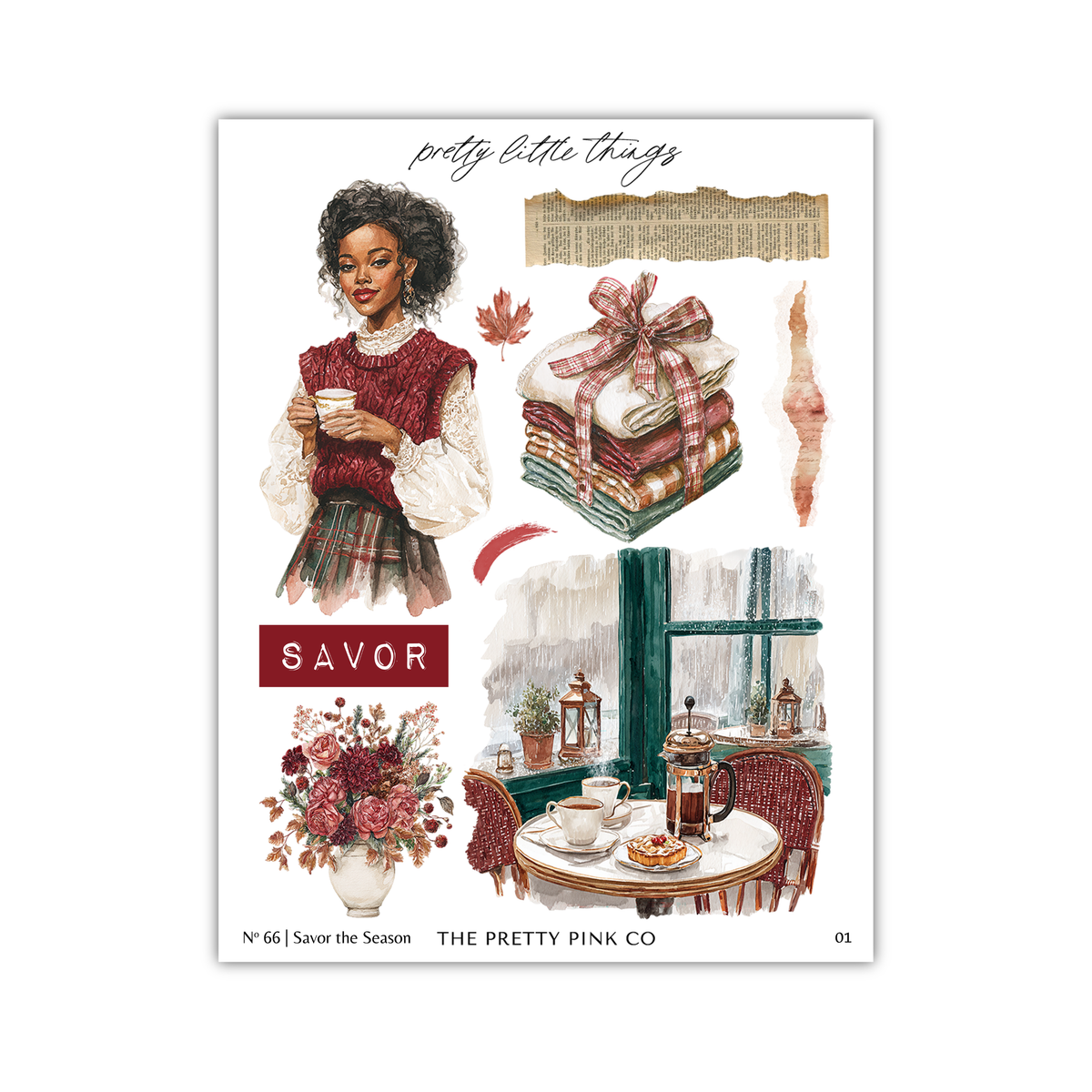 The image is a collage of various elements, including a woman, a vase of flowers, a table with a teapot, and a window. The collage is titled "Savor the Season" and includes the text " pretty little things" and "The pretty pink co".