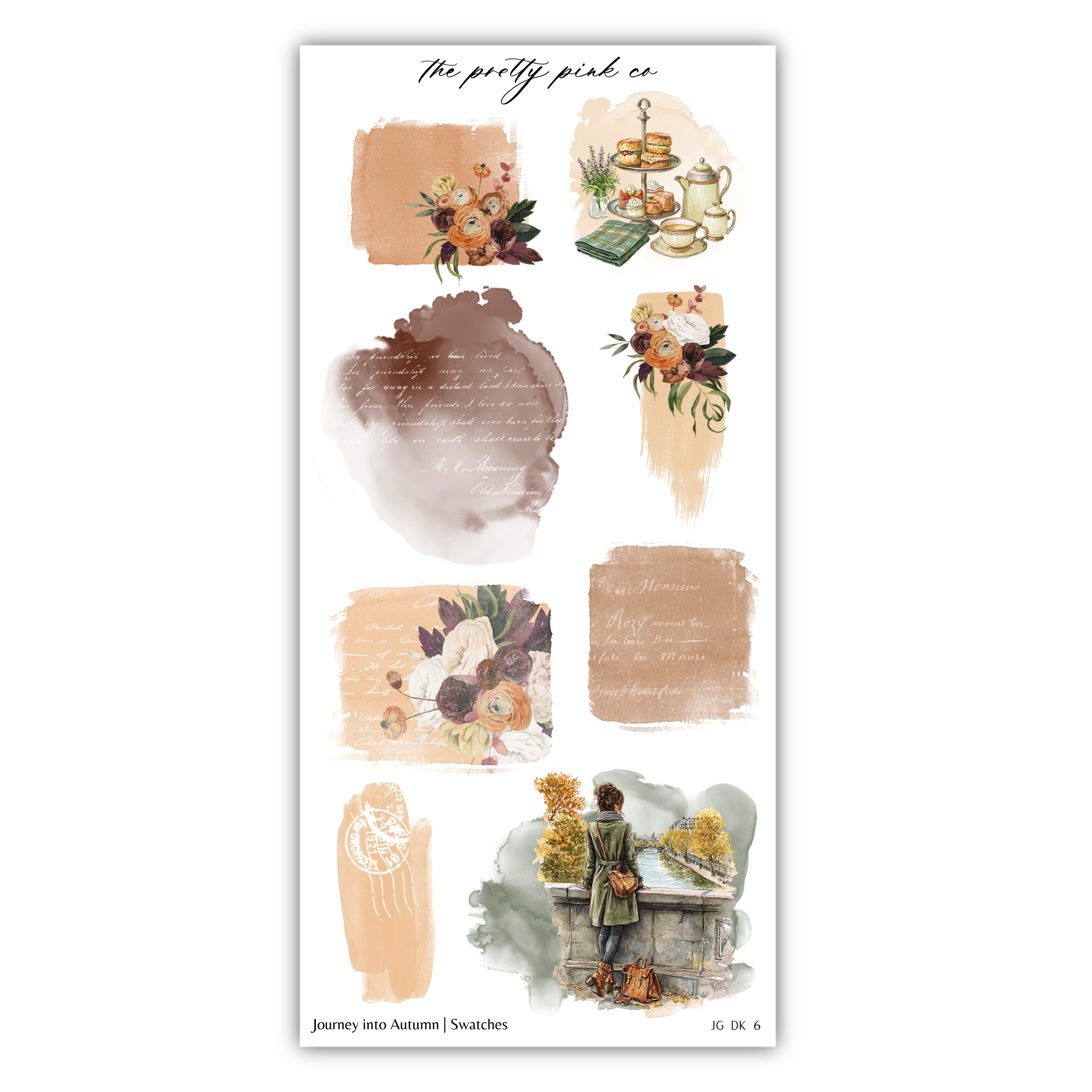 The image is a collage of various artistic elements, including floral designs, a person, and other decorative motifs.