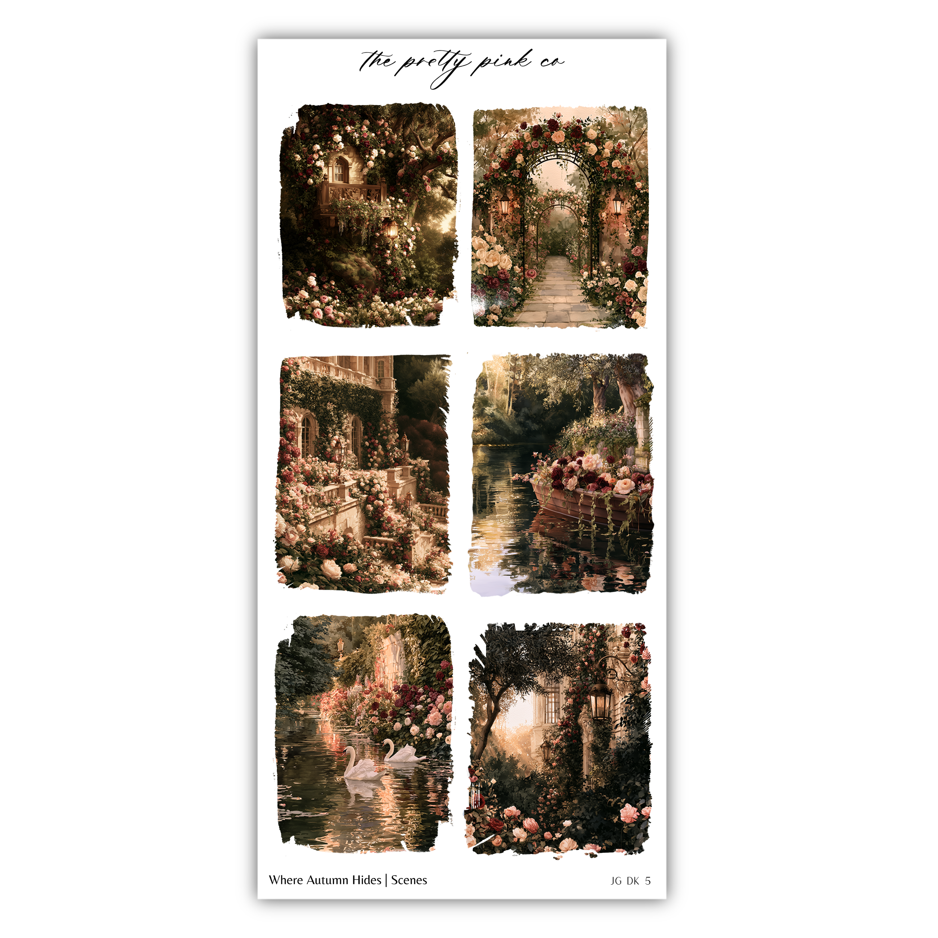 The image is a collage of six pictures depicting various scenes, including a garden, a pond, and a path.