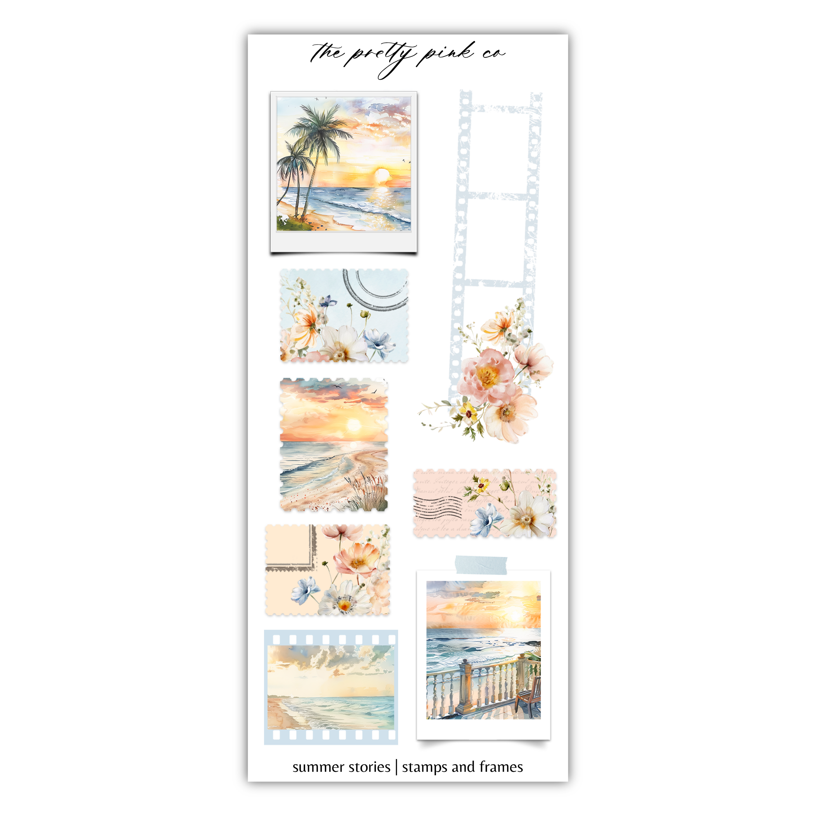 a sticker of a beach scene with flowers and palm trees