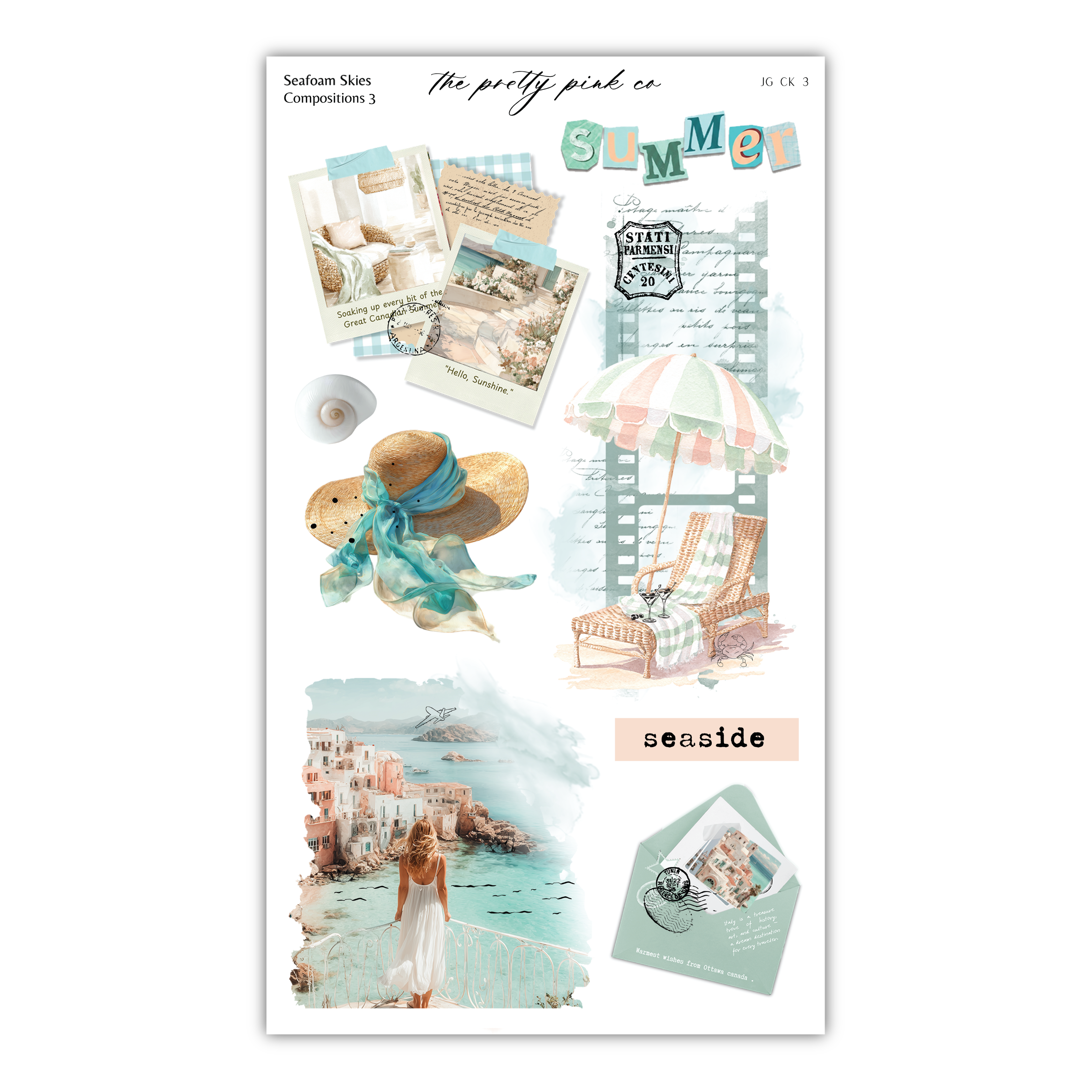 The image is a collage of various summer-themed elements, including a woman in a white dress, a beach scene, a hat, an umbrella, and a seaside location.