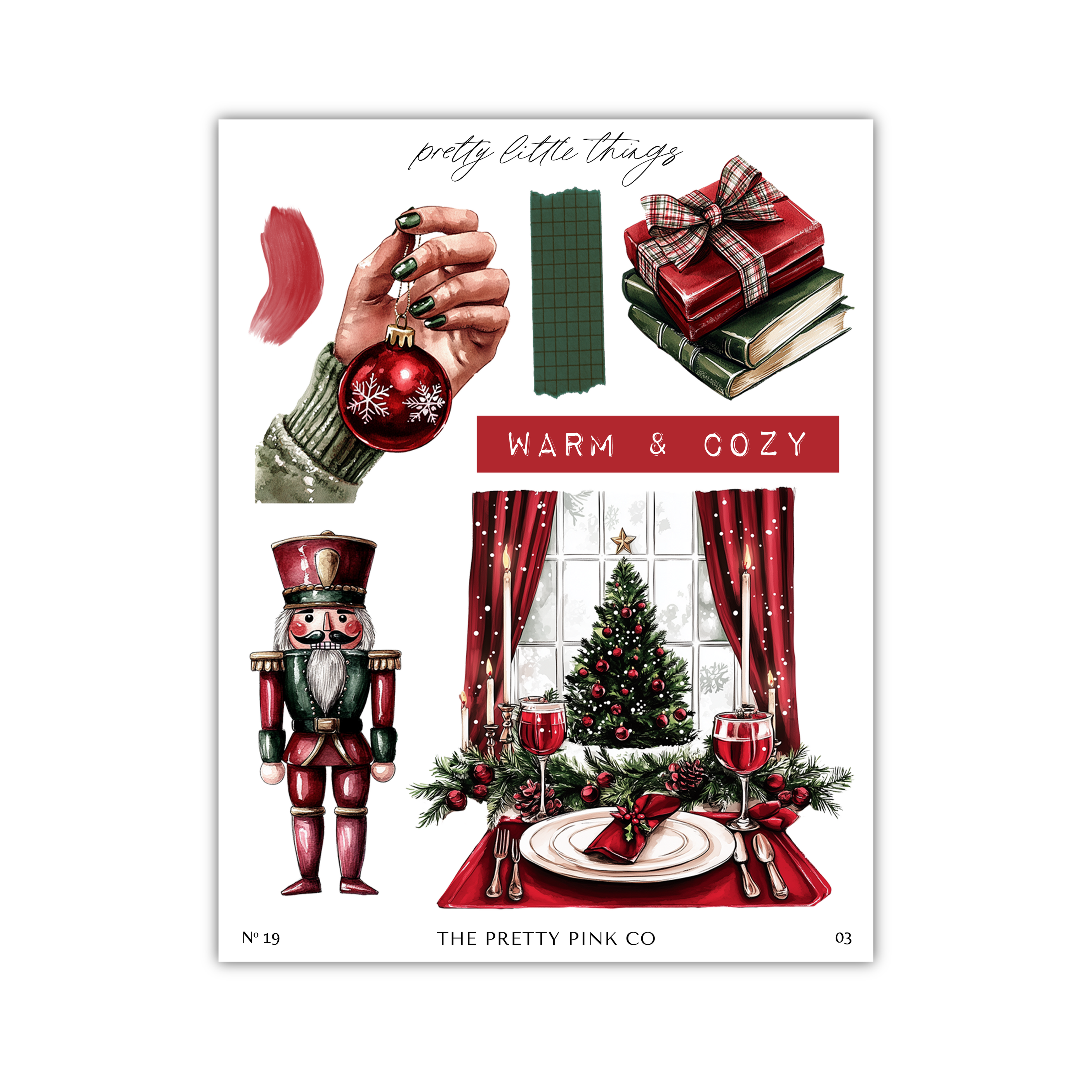 The image is a collage of various Christmas-themed illustrations, including a nutcracker, a Christmas tree, a gift box, and a cozy scene.