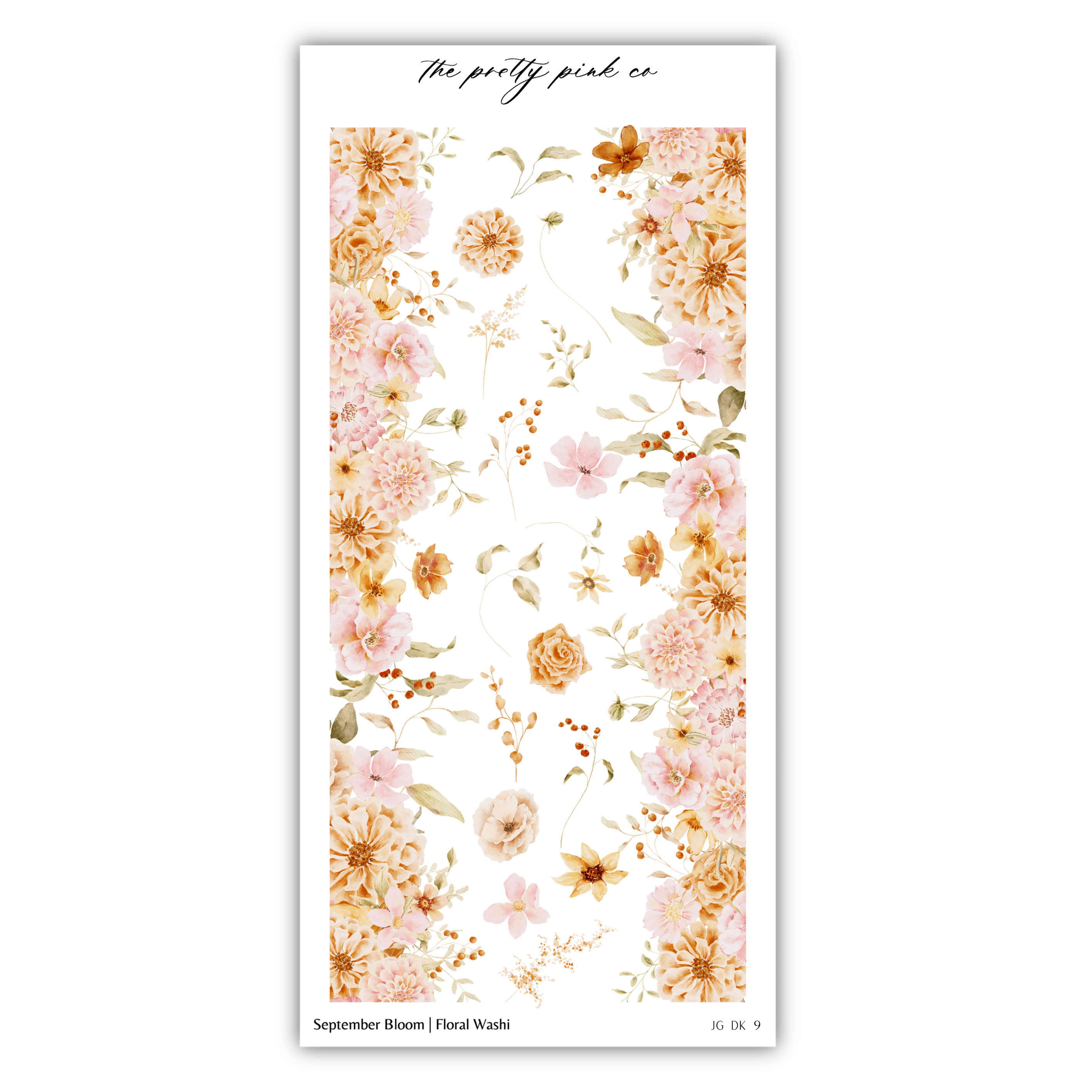 The image is a collage of various floral designs, including a repeating pattern of flowers and leaves in shades of pink, orange, and white. The collage is titled "September Bloom | Floral Wash" and includes the text "The pretty pink co" at the top.