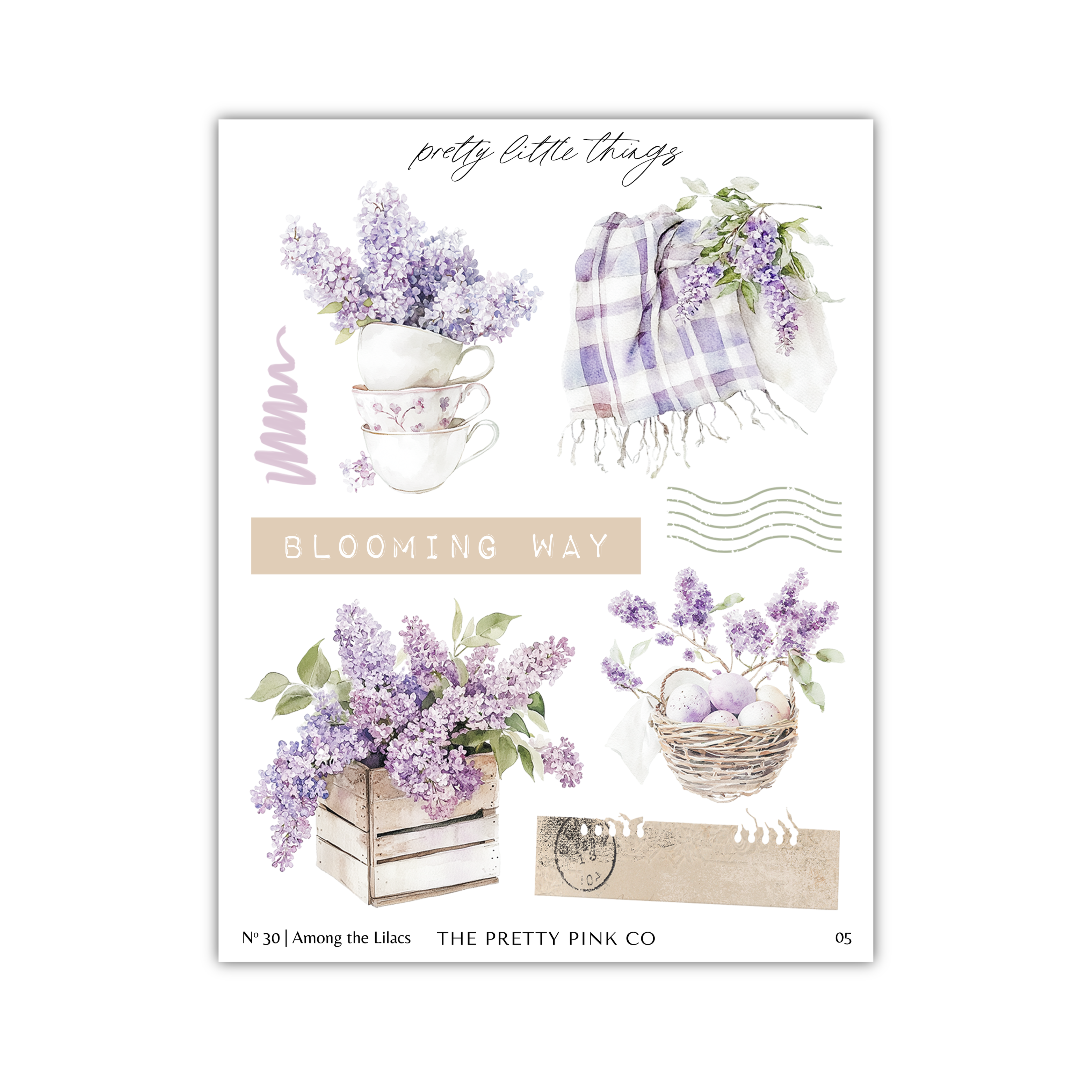 The image is a collage of various purple flowers, baskets, and other decorative elements, including a teapot, a blanket, and a basket of eggs. The collage is titled "Blooming Way" and features the text "The pretty pink co" at the bottom.