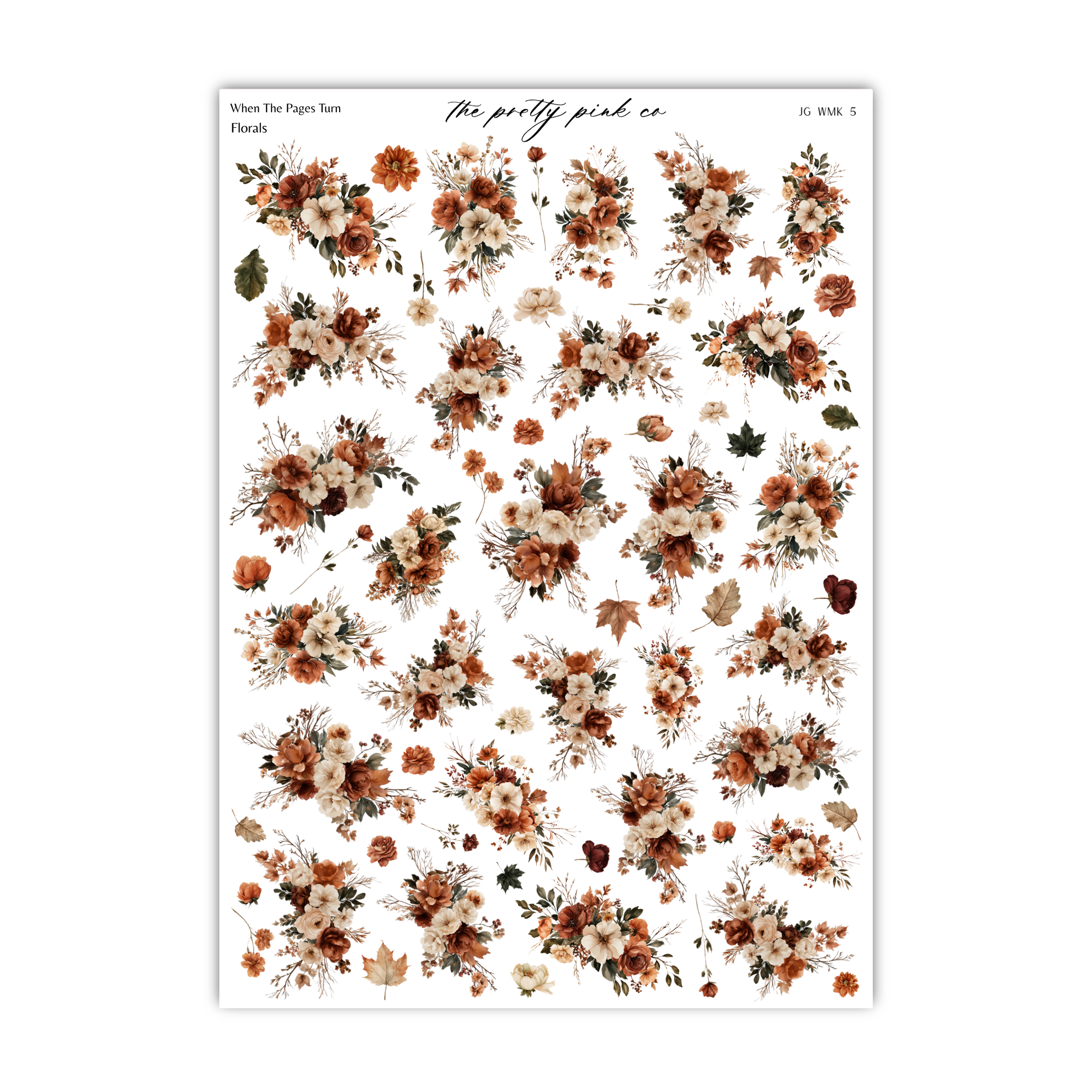 a collection of floral and leaf-like patterns in various shades of brown and orange, arranged in a grid-like pattern.