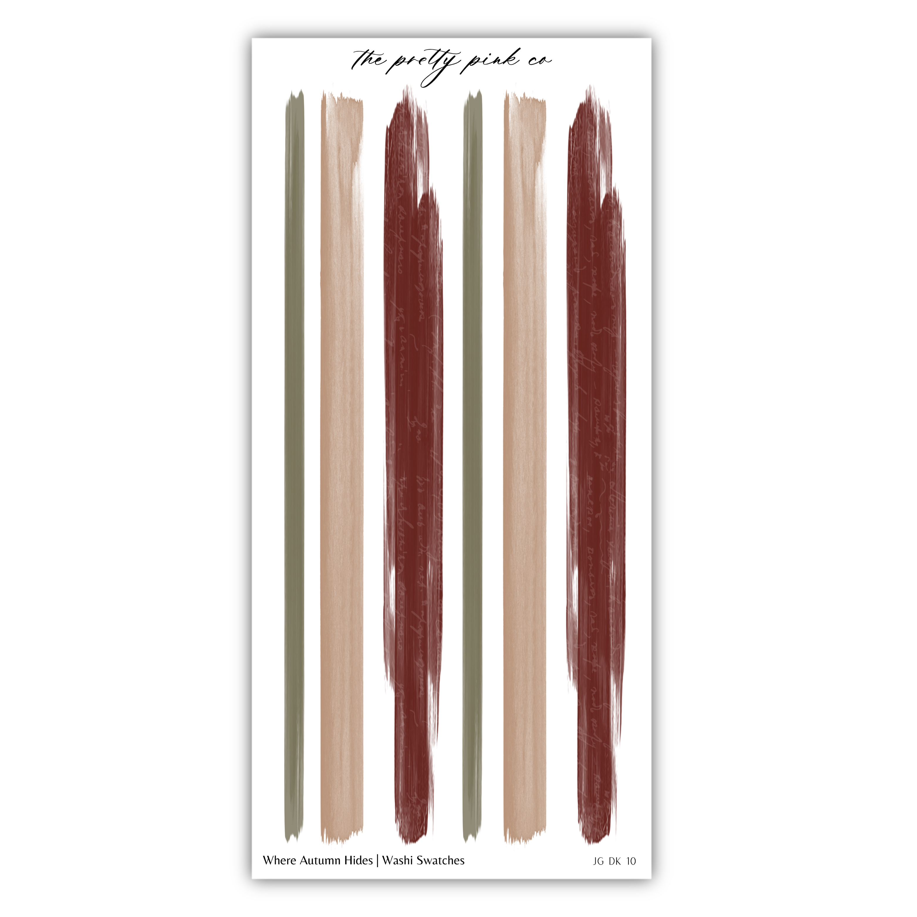 The image is a collection of abstract brushstrokes in various colors, including red, brown, and green, arranged in a vertical line.