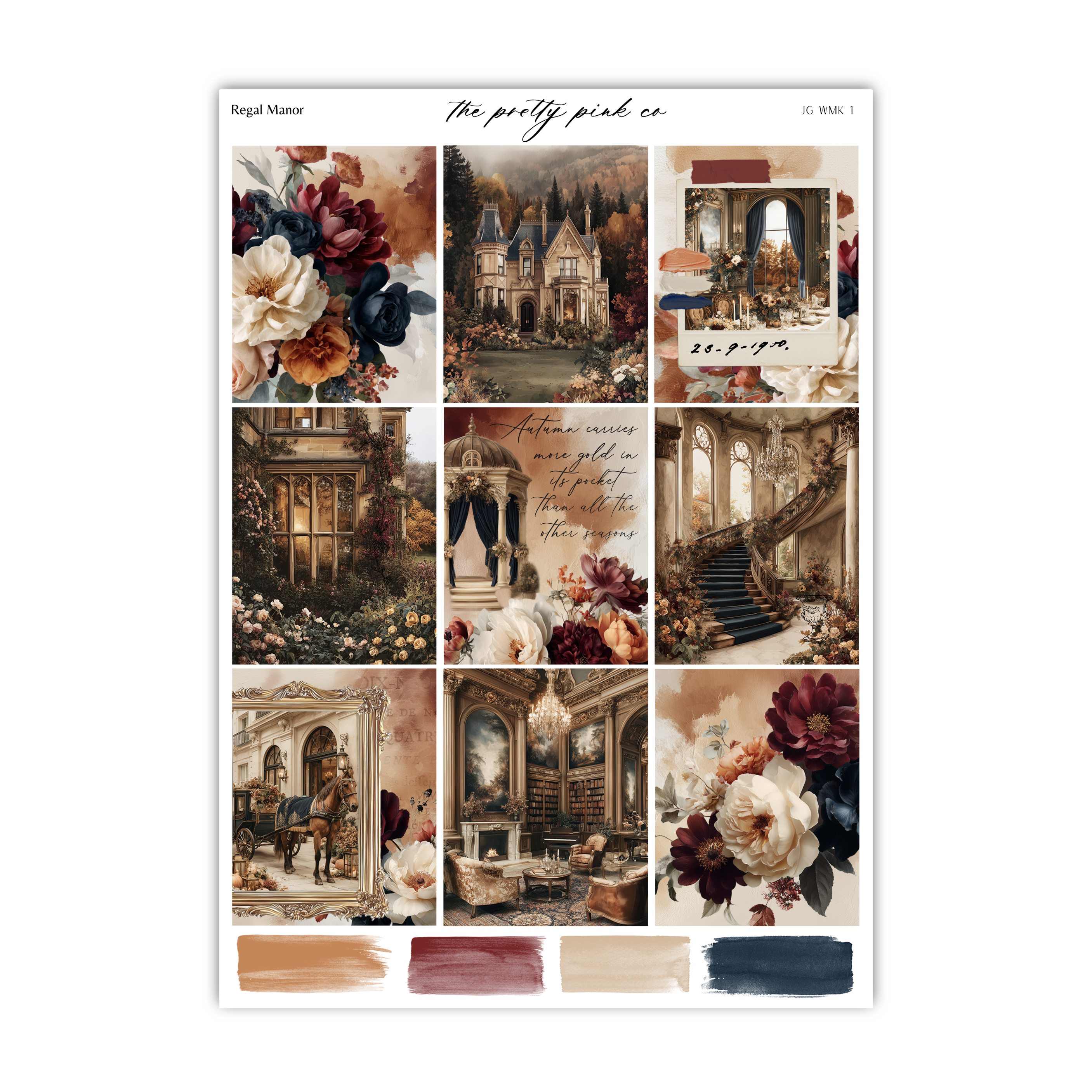 The image is a collage of various images depicting a castle, flowers, and other ornate architectural elements.