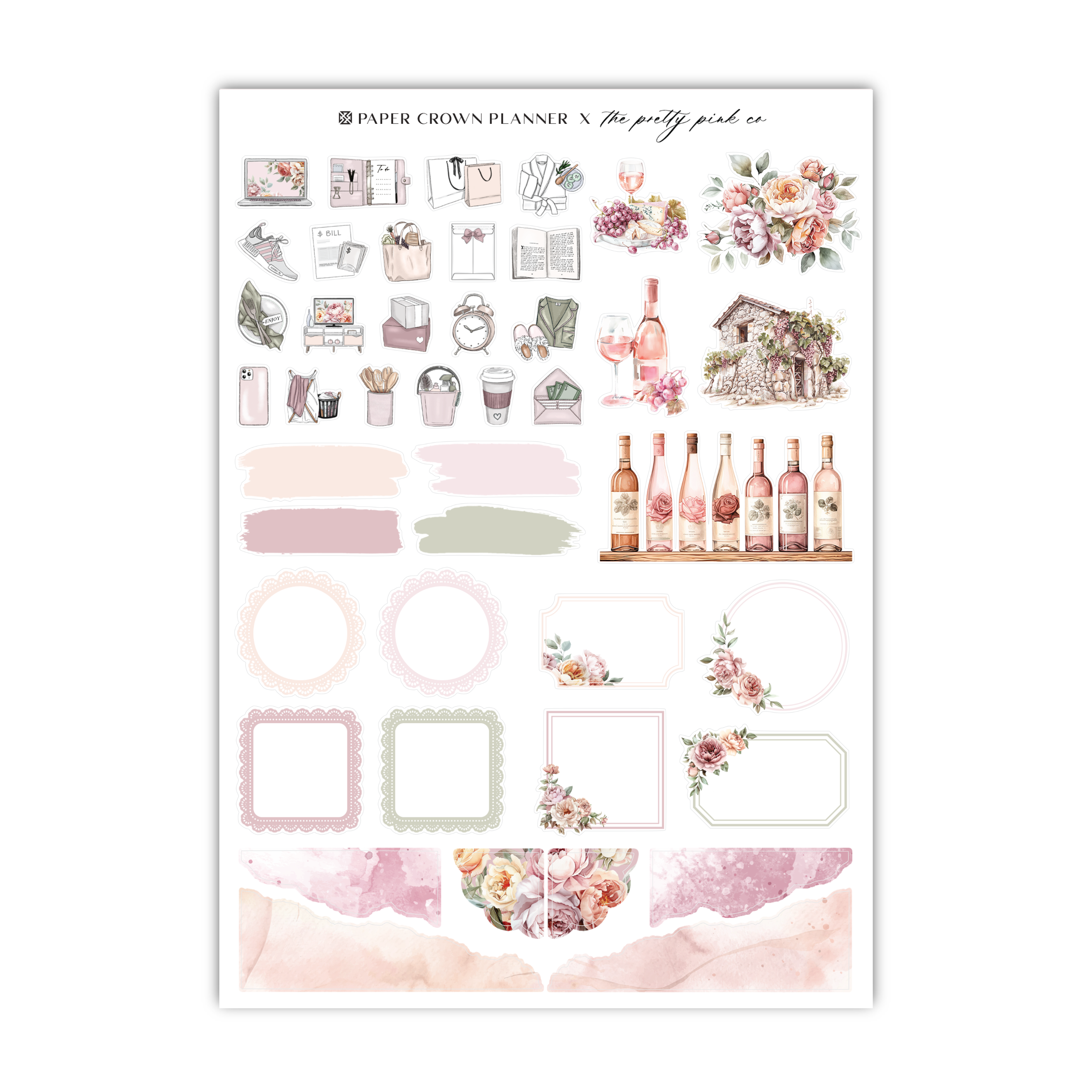 a sticker sheet with flowers and wine bottles