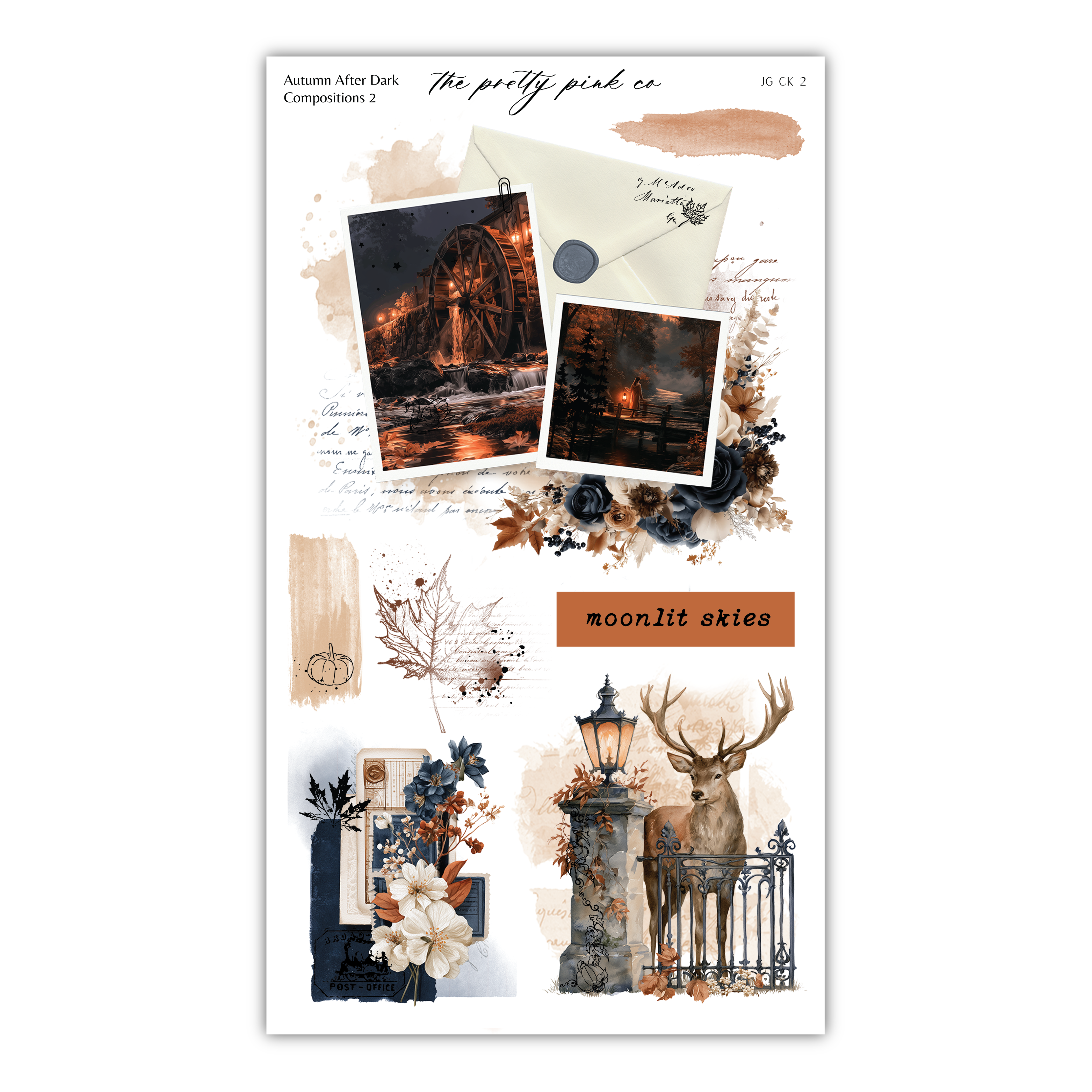 The image is a collage of various autumn-themed elements, including a deer, a lantern, and a ferris wheel, all set against a dark background. The collage is titled "Autumn After Dark" and includes a "moonlit skies" caption.