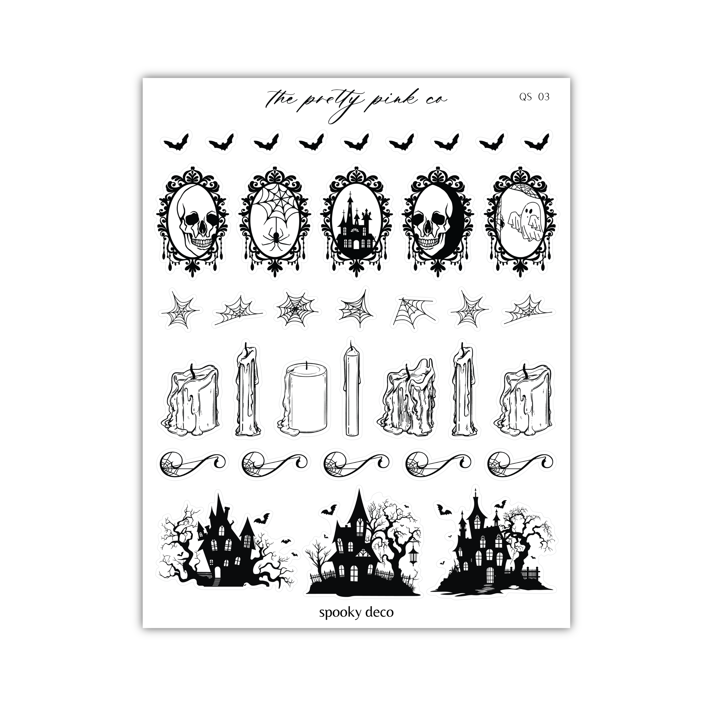 a black and white drawing of halloween decorations