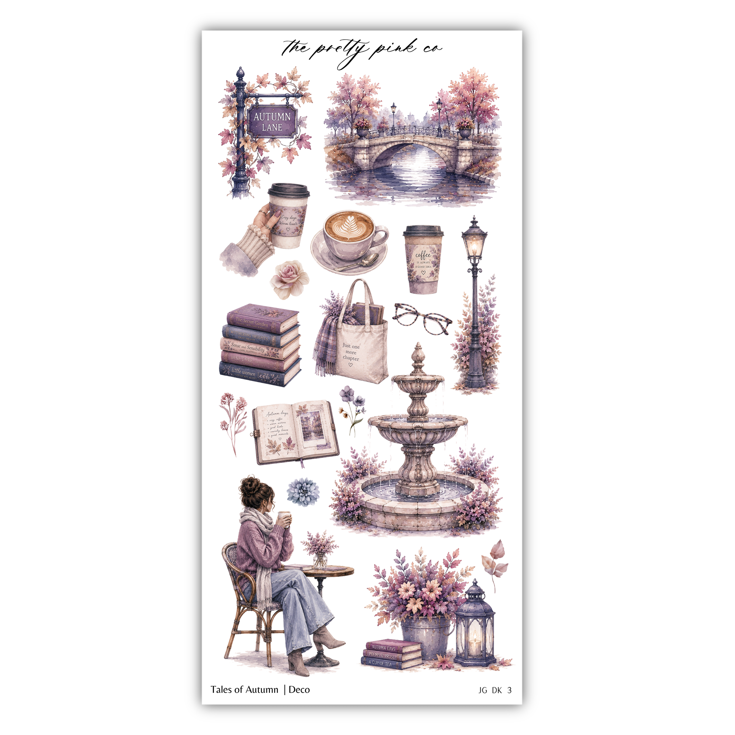 The image is a collage of various autumn-themed items, including a person sitting in a chair, a fountain, books, a lamp, a cup, and a sign. The collage is titled "Tales of Autumn" and includes the text "The pretty pink co" at the top.