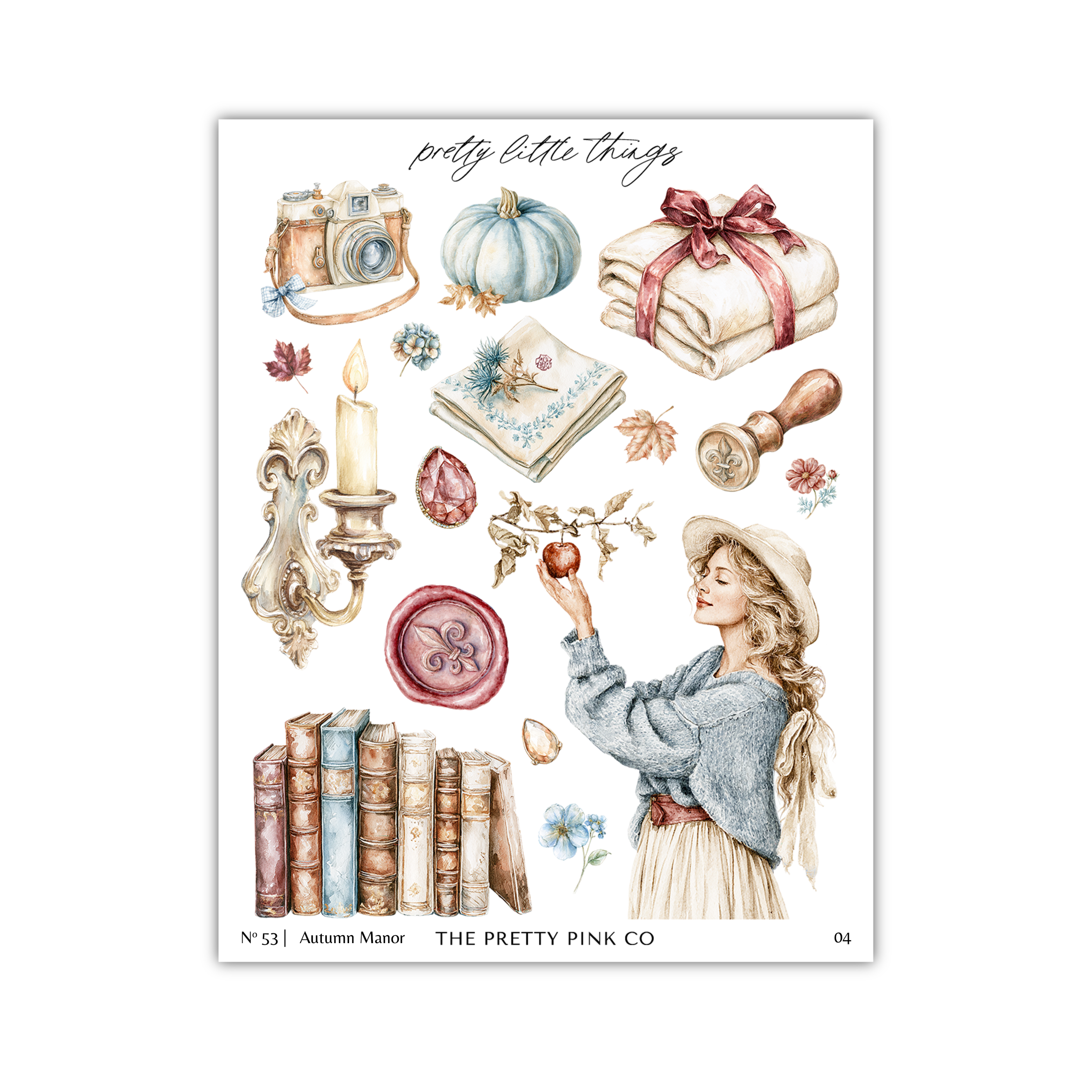 The image is a collage of various autumn-themed items, including a camera, pumpkins, books, and a woman holding an apple.