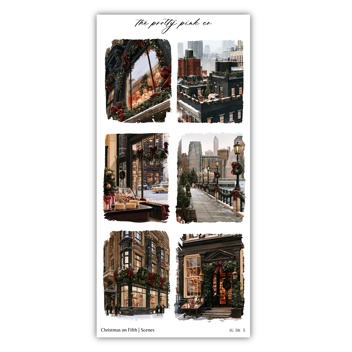 The image is a collage of six different scenes depicting various aspects of Christmas in a city, including storefronts, street lamps, and holiday decorations.