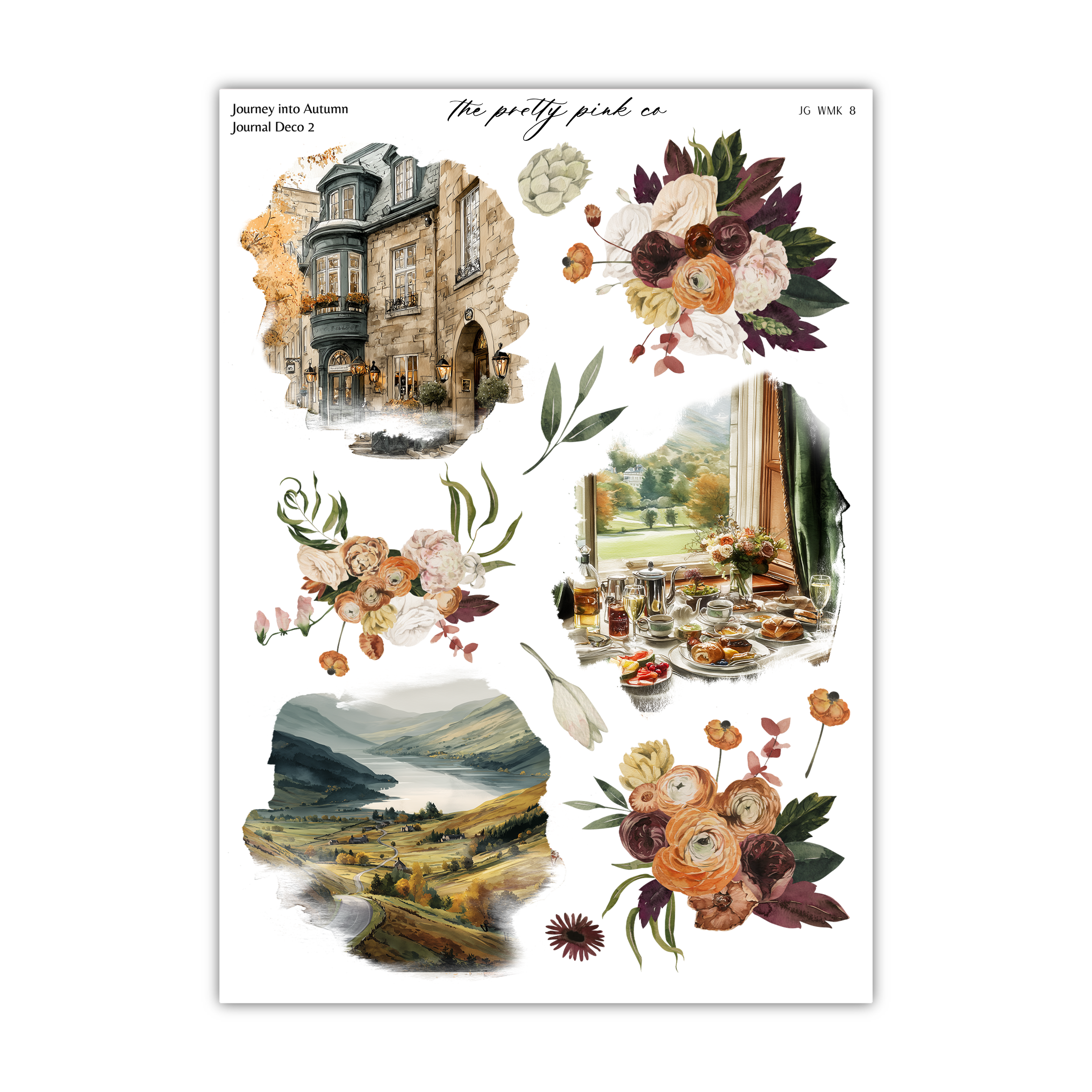 The image is a collage of various pictures, including a large building, a scenic landscape, a table with food, and a floral arrangement.