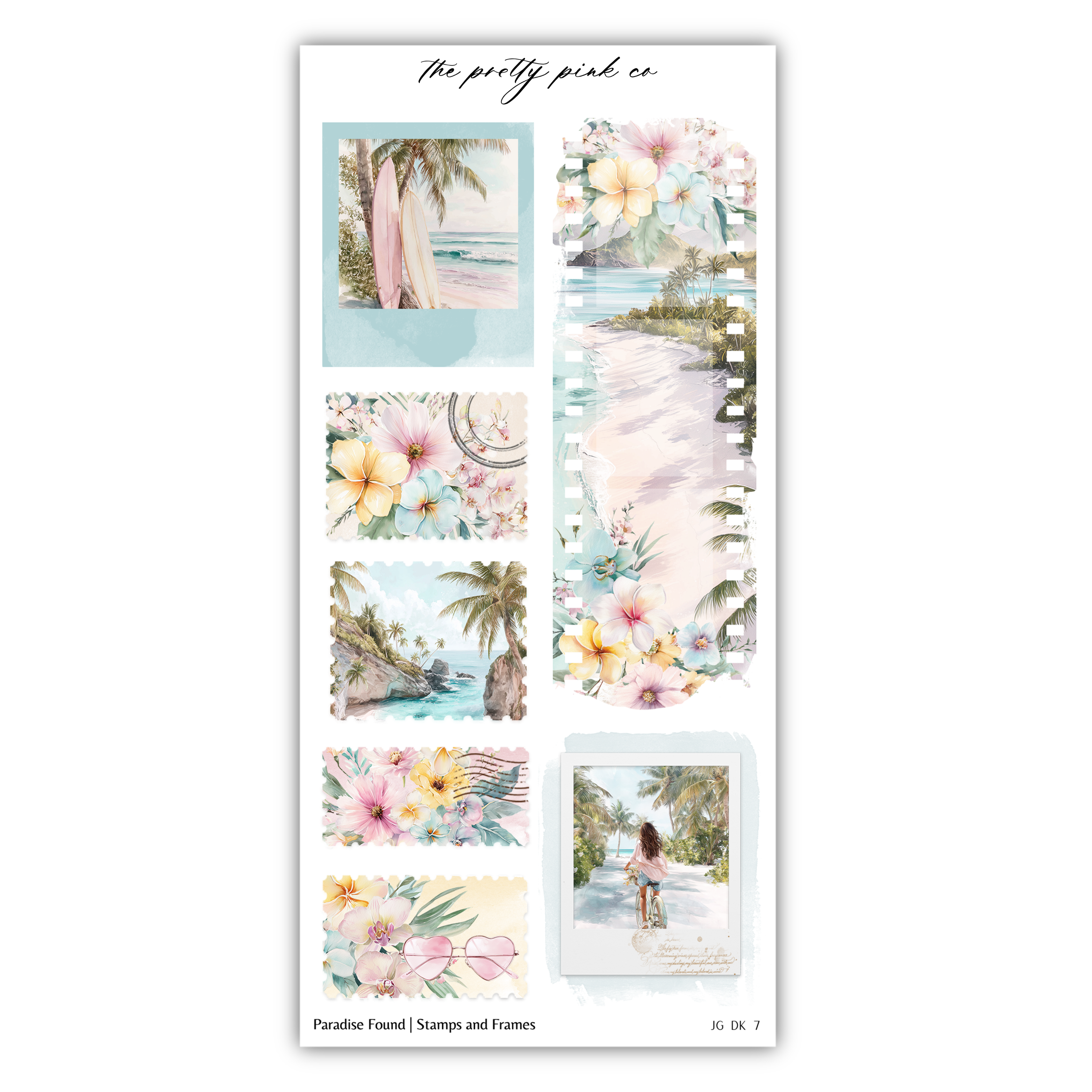 The image is a collage of various tropical and floral-themed images, including palm trees, flowers, and a beach scene.