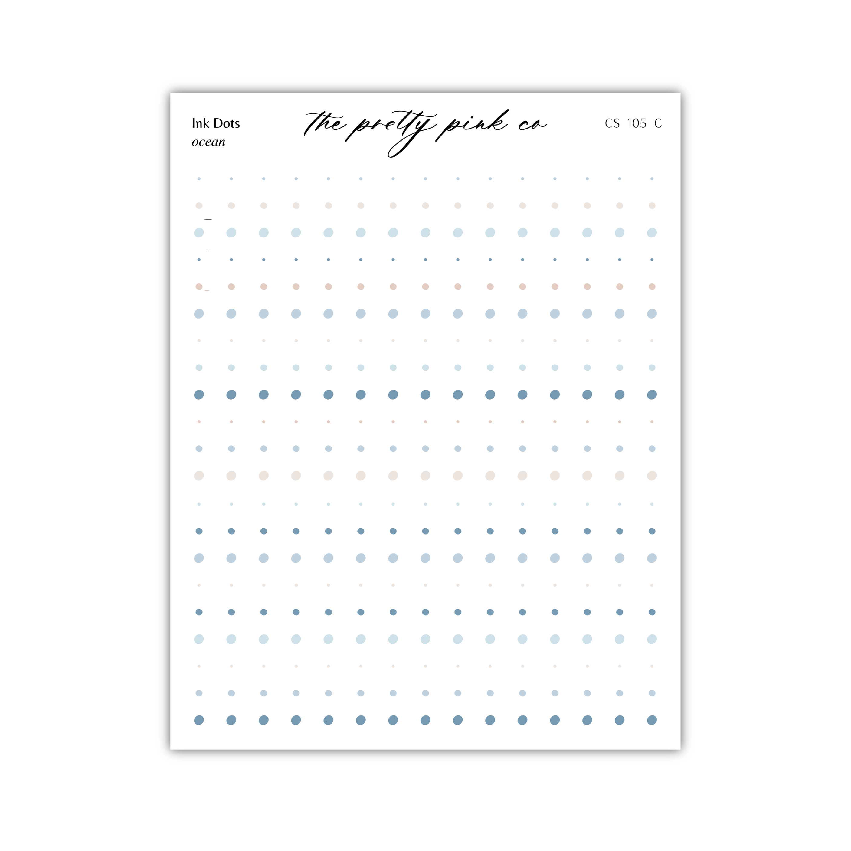 The image is a page from a notebook or binder with a grid of small dots in various shades of blue and gray. The page is titled "ink dots" and includes the text "The pretty pink co" and "CS 105 C".