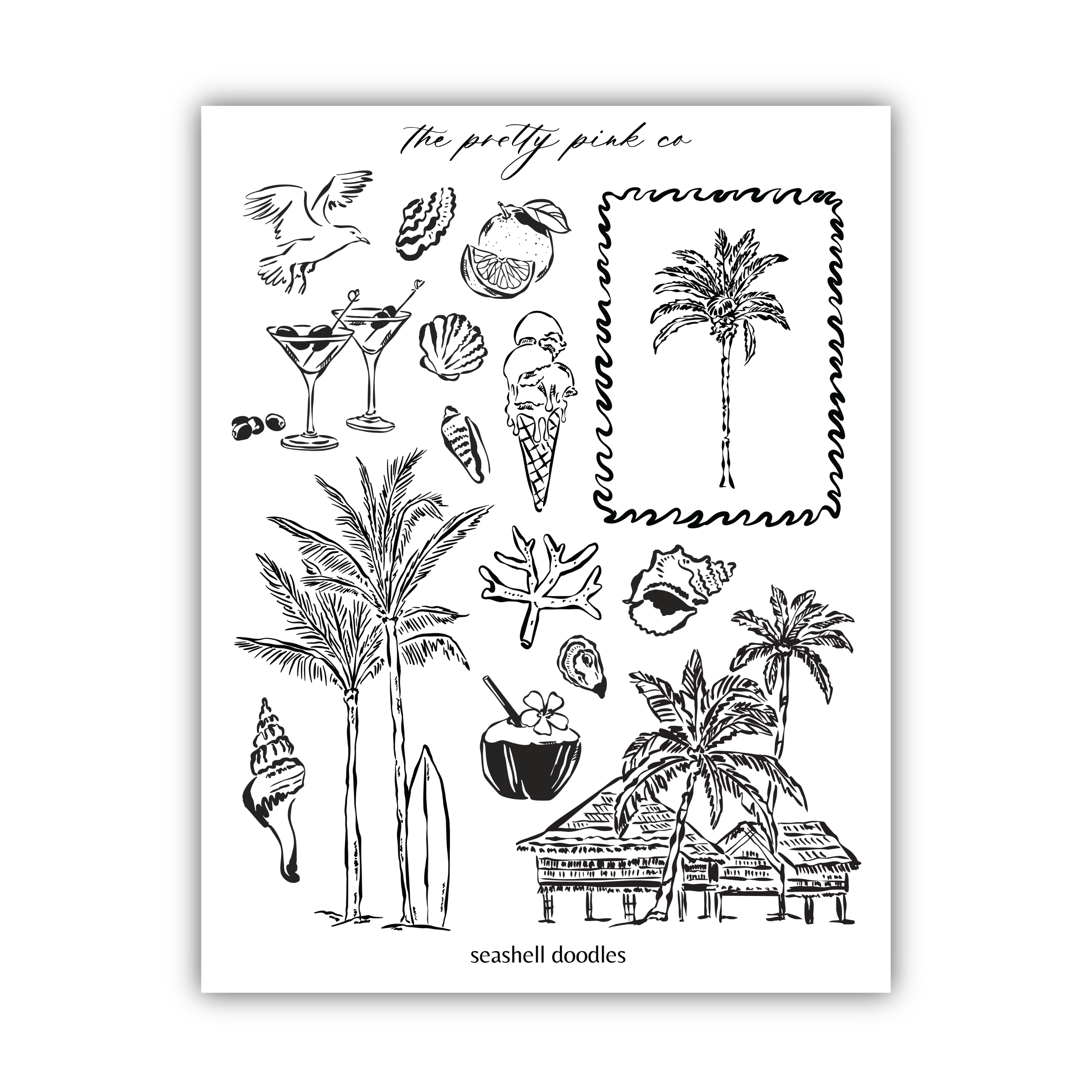 various illustrations related to tropical and beach-themed elements, including palm trees, coconuts, and other beach-related objects.