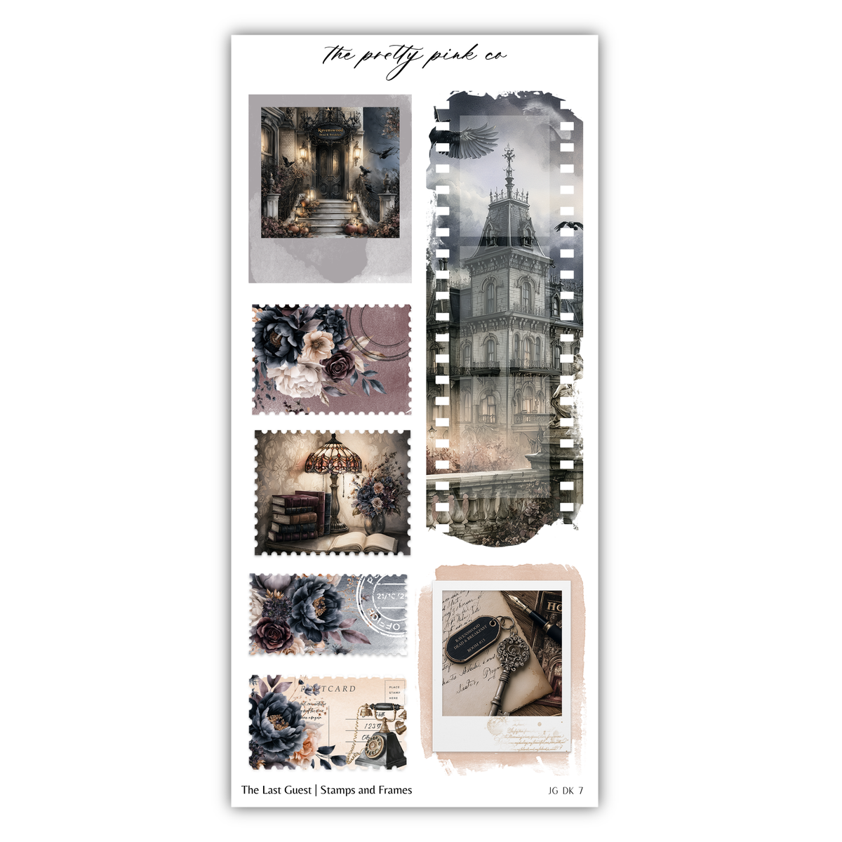The image is a collage of various artistic and decorative elements, including stamps, frames, and floral designs.