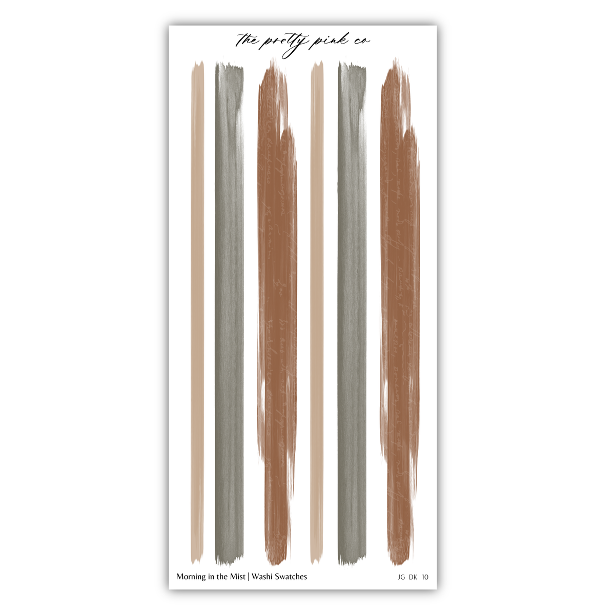 The image is a collage of six vertical lines, each with a different color: brown, gray, and beige. The text above the image reads "The pretty pink co" and below the image, it says "Morning in the Mist | Wasabi Swatches".