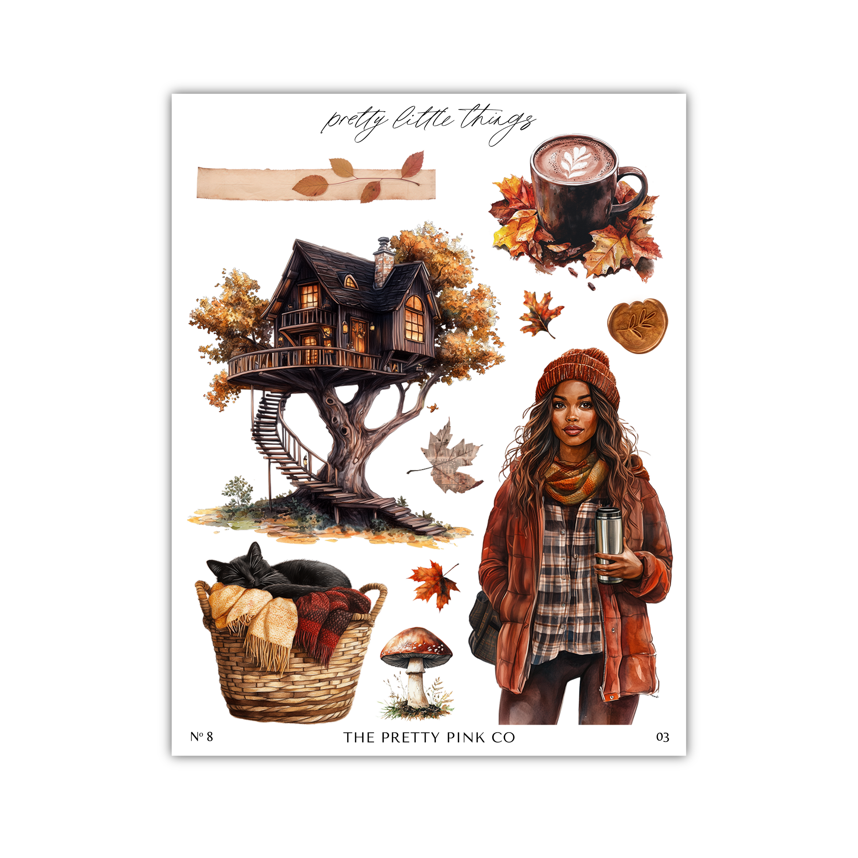 The image is a collage of various autumn-themed elements, including a treehouse, a woman in a plaid shirt, a basket of bread, a mug of coffee, and a cat.