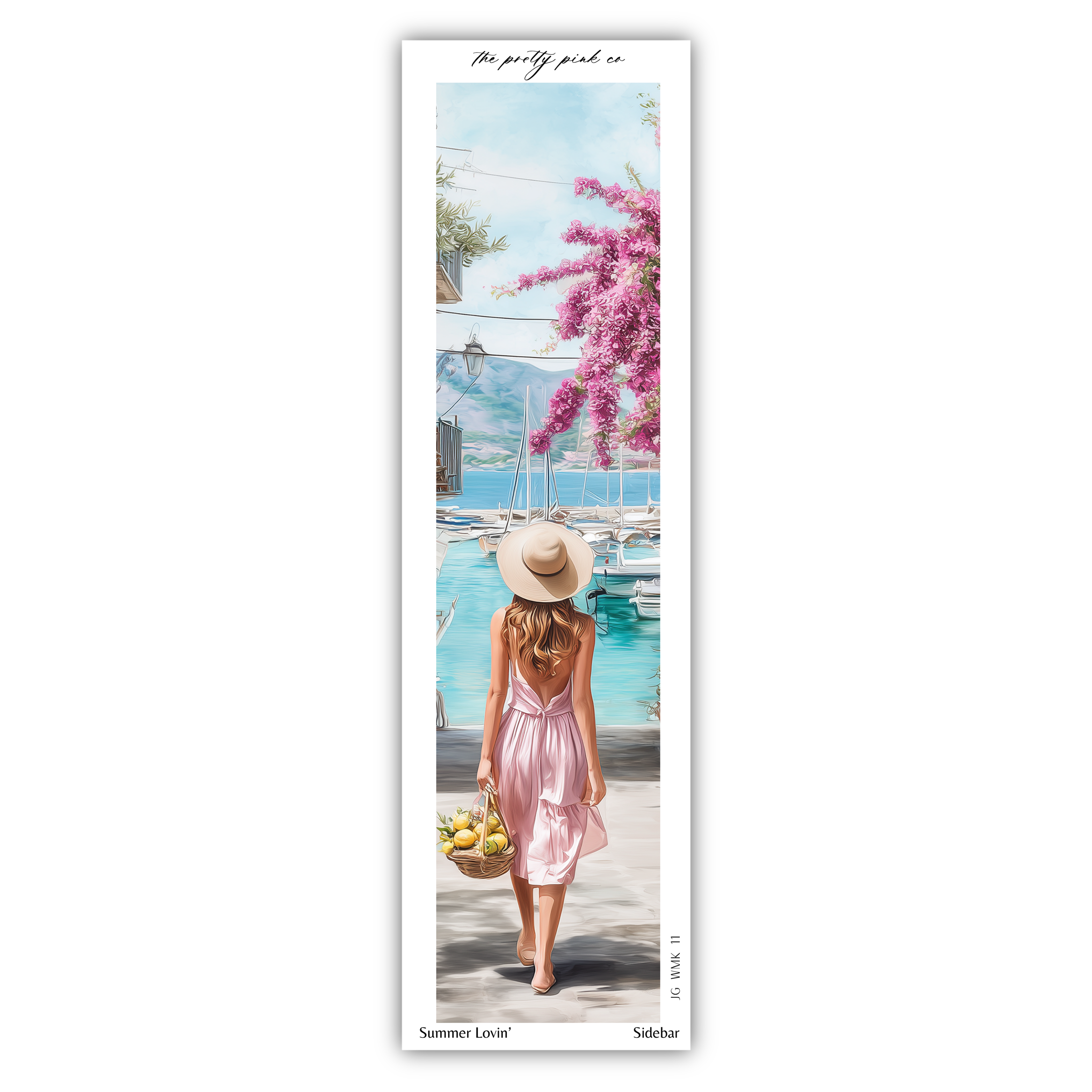 A woman in a pink dress and hat walks along a path, carrying a basket of fruit, with a scenic view of a body of water and pink flowers in the background.