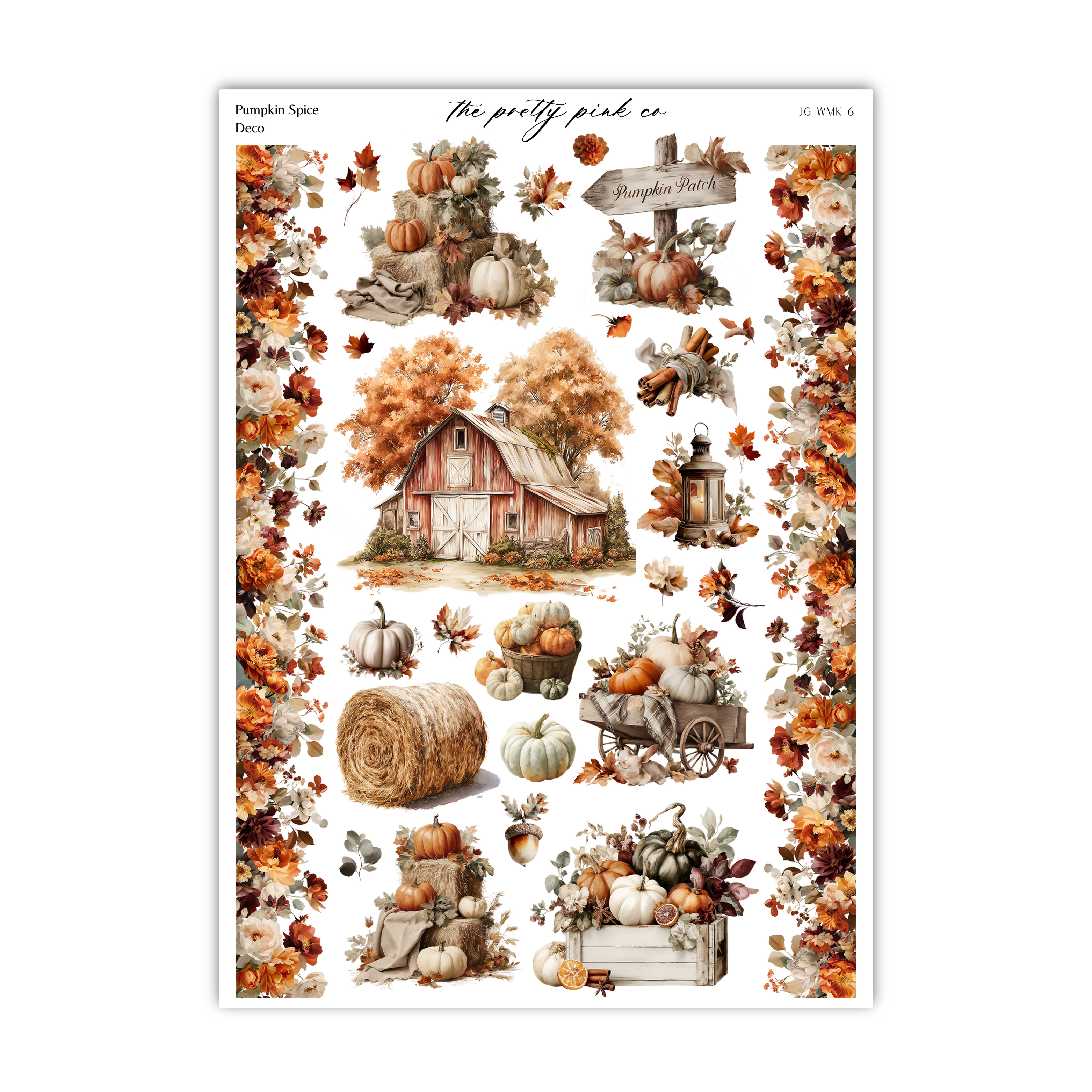 The image is a collage of various autumn-themed elements, including pumpkins, a barn, a sign, and a wagon. The collage is surrounded by a border of orange and brown leaves, creating a festive and seasonal atmosphere.