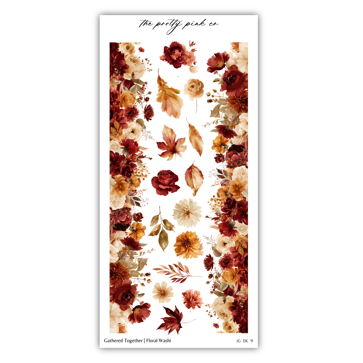 The image is a collage of various floral elements, including flowers and leaves, arranged in a vertical orientation. The collage is titled "The pretty pink co" and includes images of flowers and leaves in different colors, such as red, orange, and yellow. The collage is described as a "floral wash" and is part of a series of images.