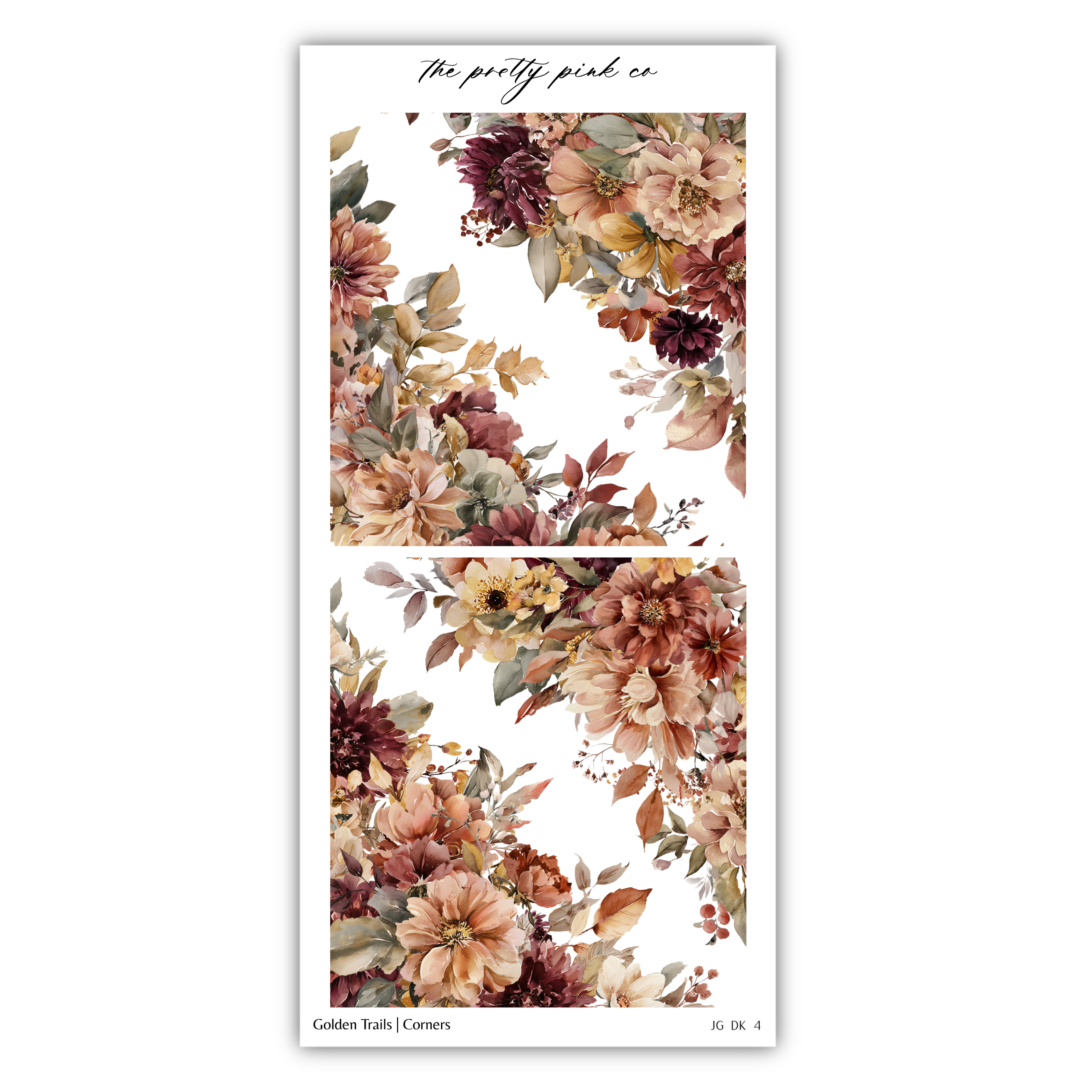 The image is a collage of two floral images, each featuring a variety of colorful flowers and leaves. The collage is titled "Golden Trails / Corners" and includes the text "The pretty pink co" at the top.