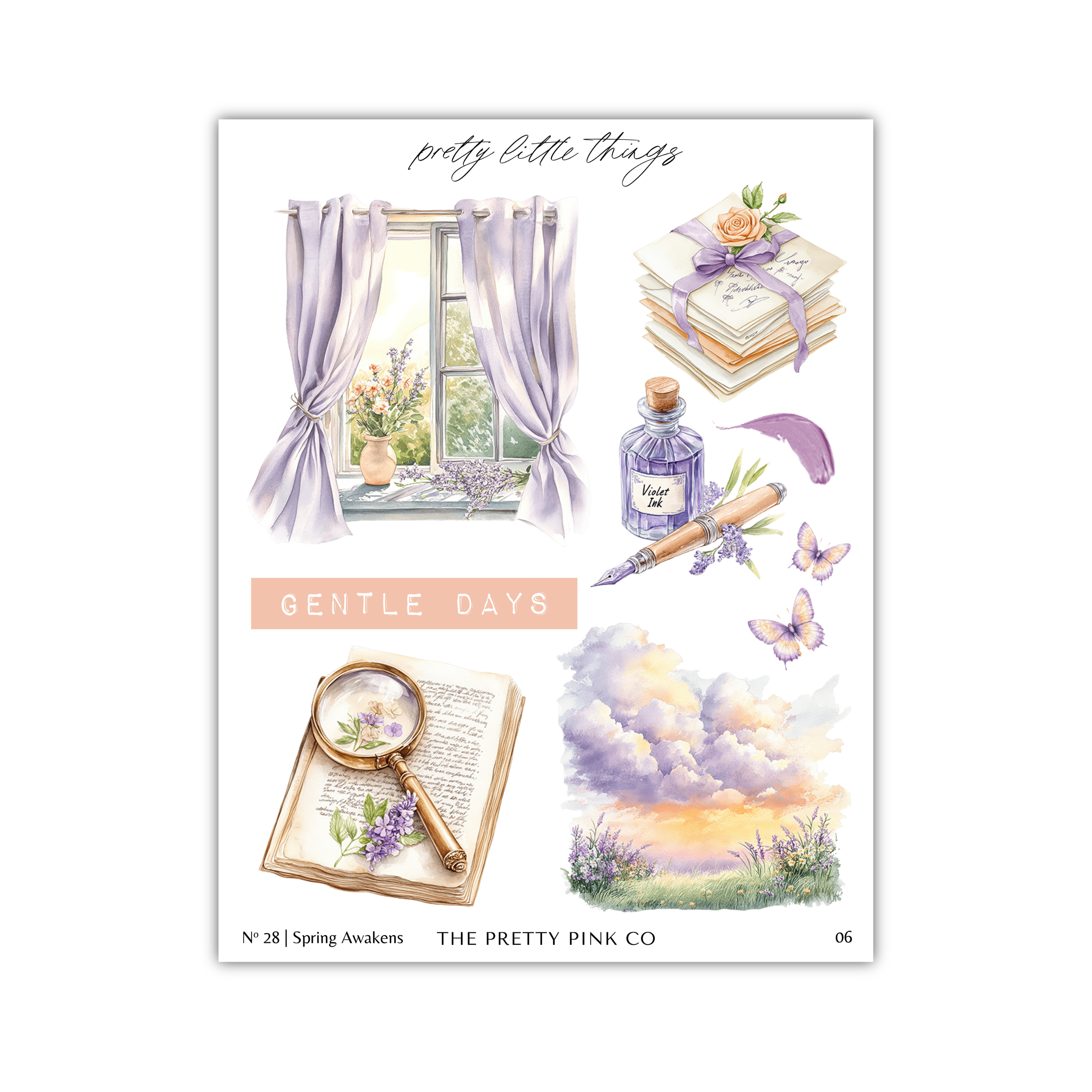 The image is a collage of various illustrations related to the theme of "Gentle Days". It includes a window with purple curtains, a vase of flowers, a bottle of water, a magnifying glass, a book, and a butterfly. The text "pretty little things" and "Gentle Days" are also present in the image.