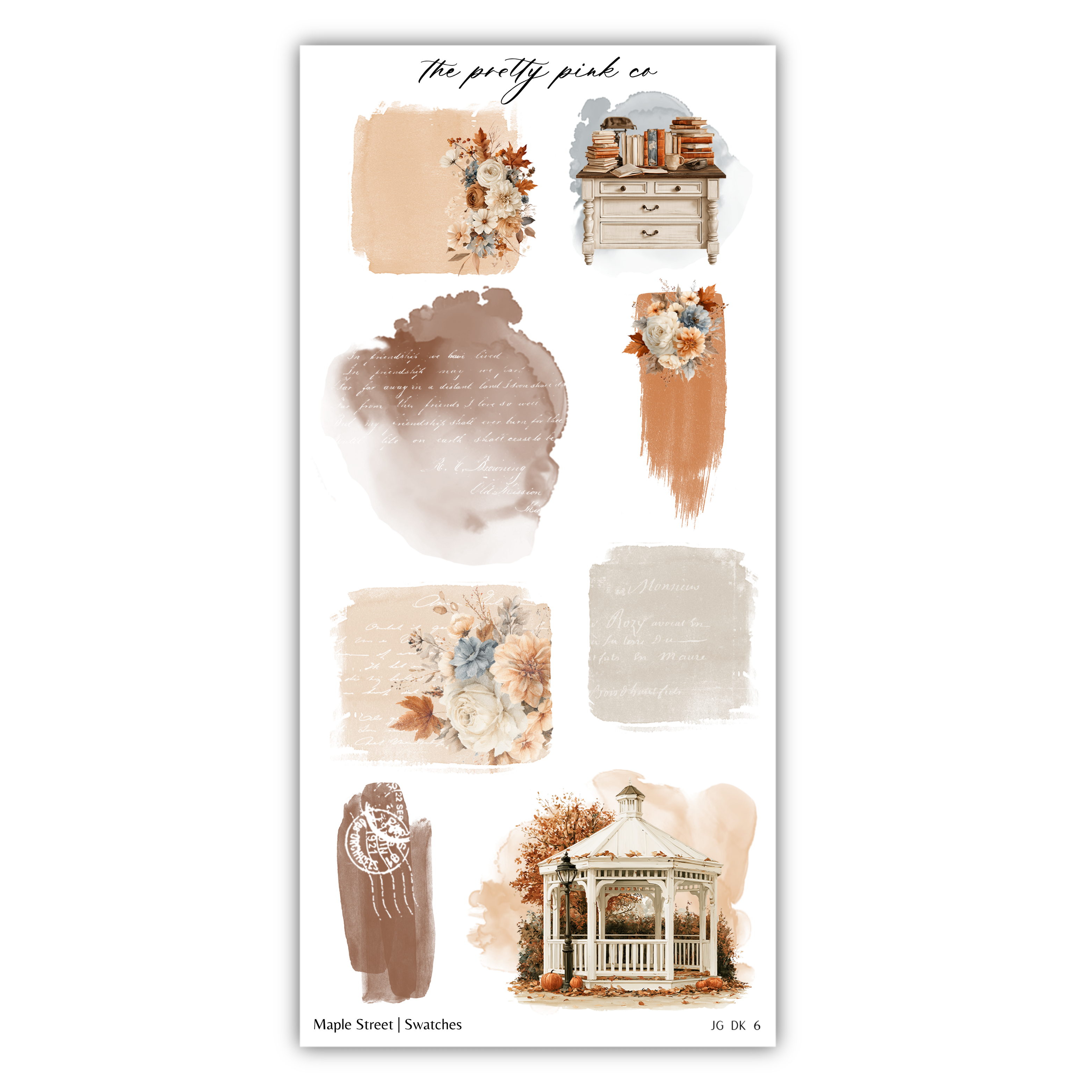 The image is a collage of various artistic elements, including a gazebo, flowers, and a desk.