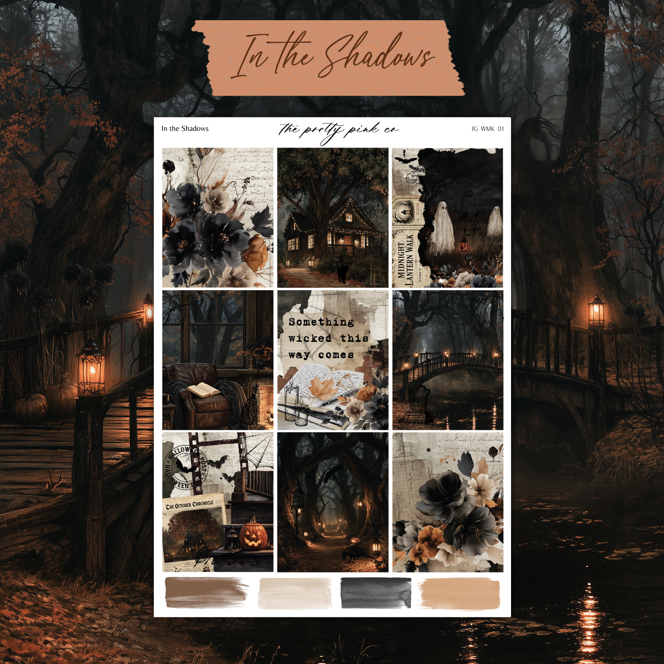 The image is a collage of various Halloween-themed images, including a spooky house, a ghost, a lantern, and a pumpkin. The collage is titled "In the Shadows" and features a "WK" with the number "01" in the top right corner.