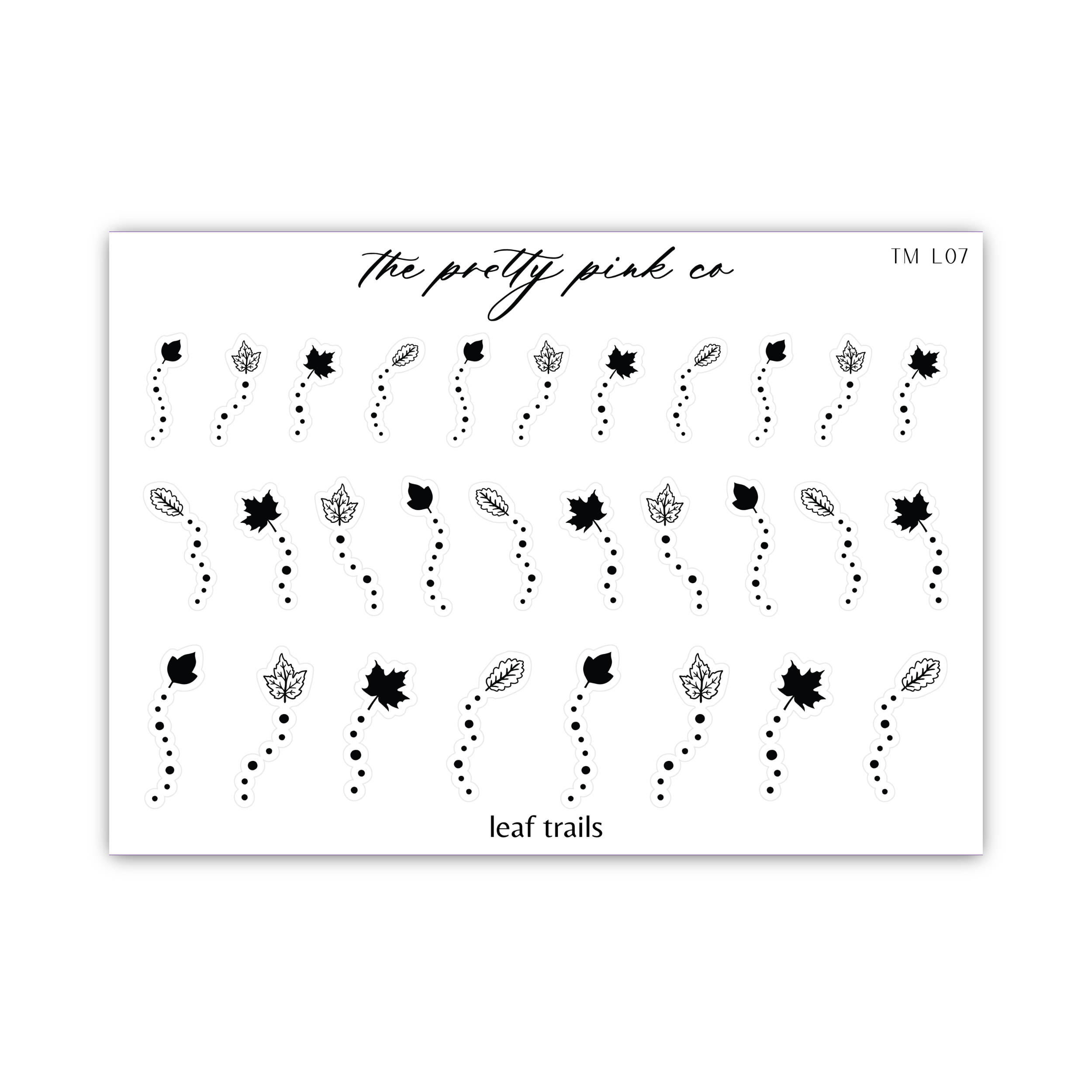 a sheet of black and white stickers with leaves on them