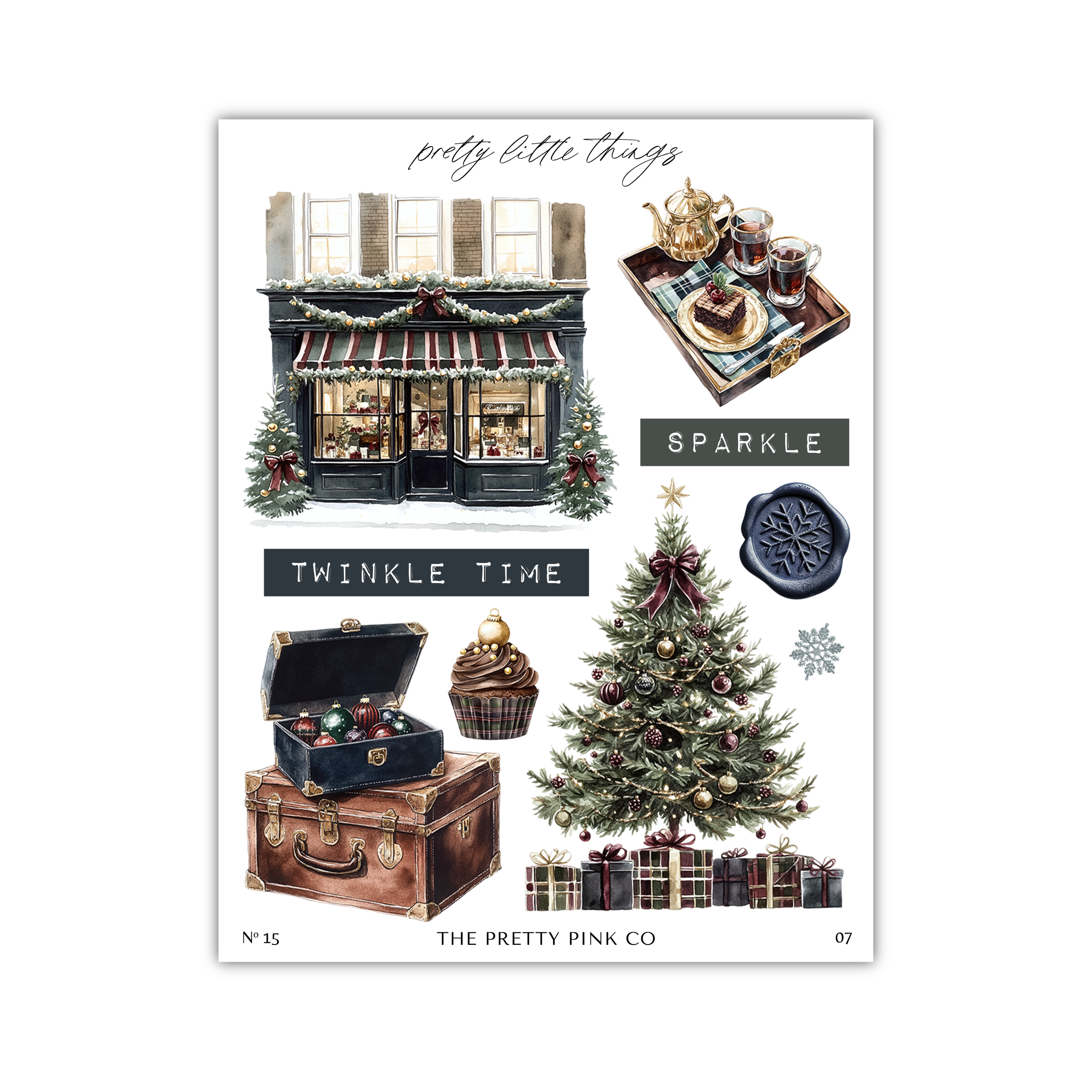The image is a collage of various Christmas-themed items, including a storefront, a Christmas tree, a teapot, a cupcake, a suitcase, and a gift box.