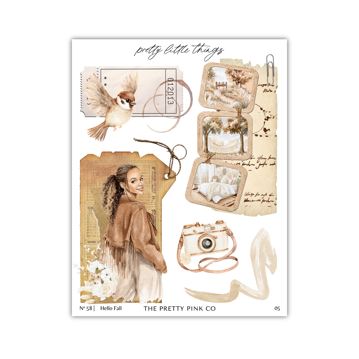 The image is a collage of various elements, including a bird, a woman, a camera, and other decorative items. The collage appears to be a creative and artistic composition, with a focus on the woman and the bird.