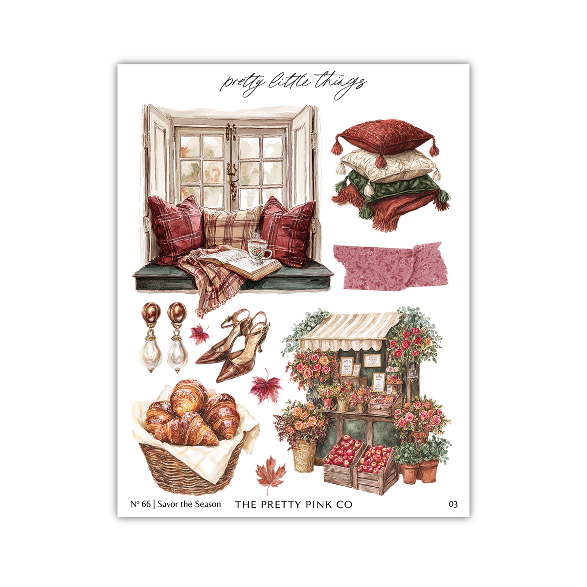 The image is a collage of various fall-themed items, including a window seat with pillows, a red and white striped pillow, a stack of pillows, a basket of bread, a pair of shoes, a pair of earrings, a pair of high heels, a basket of fruit, a basket of flowers, and a basket of apples.