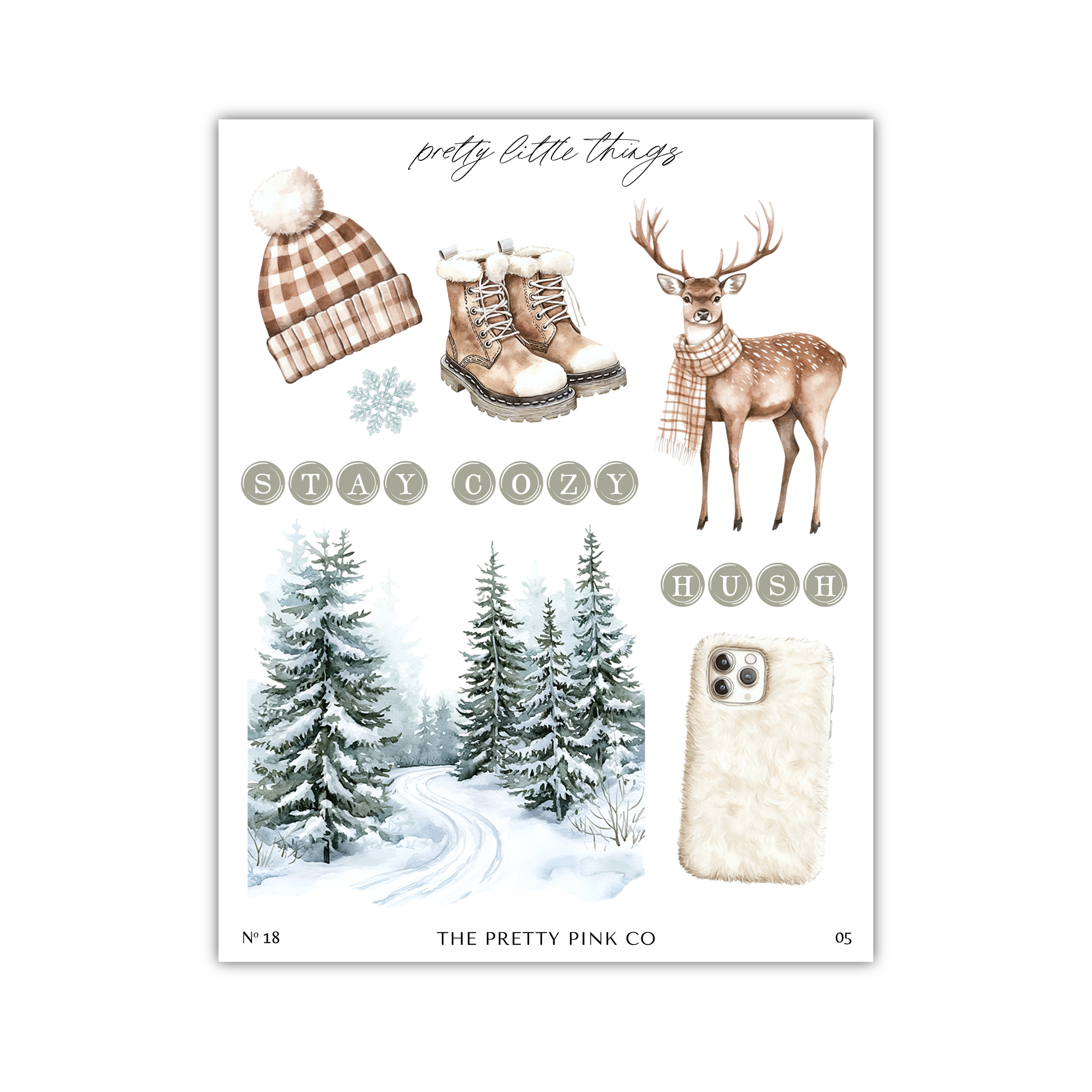 The image is a collage of various winter-themed items, including a hat, boots, a deer, pine trees, and a snowflake. The collage also includes the text "STAY COZY HUSH" and "The pretty pink co."