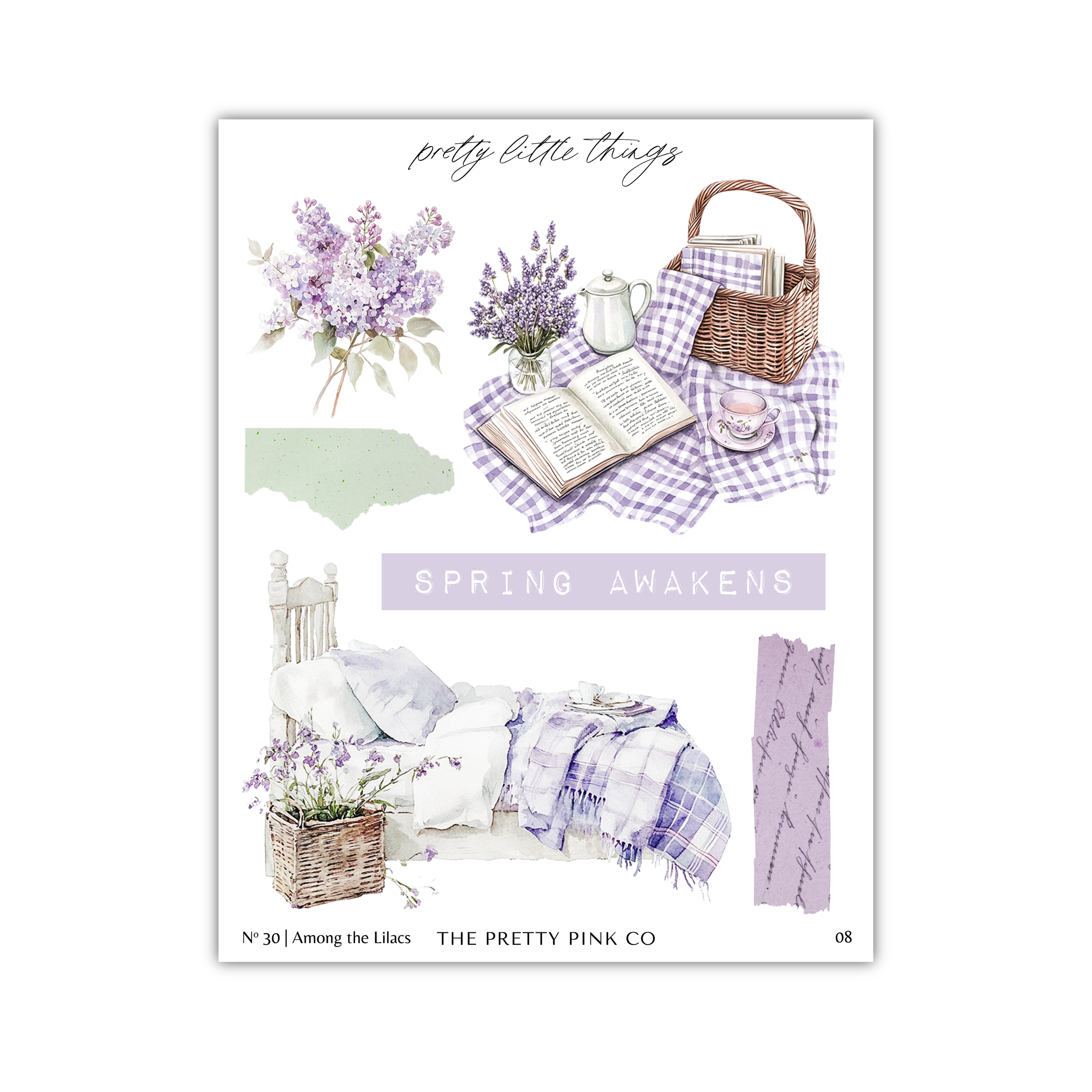 The image is a collage of various spring-themed items, including a basket, a book, a vase of flowers, a bed, and a blanket. The collage is titled "Spring Awakenings" and includes the text " pretty little things" and "The pretty pink co".