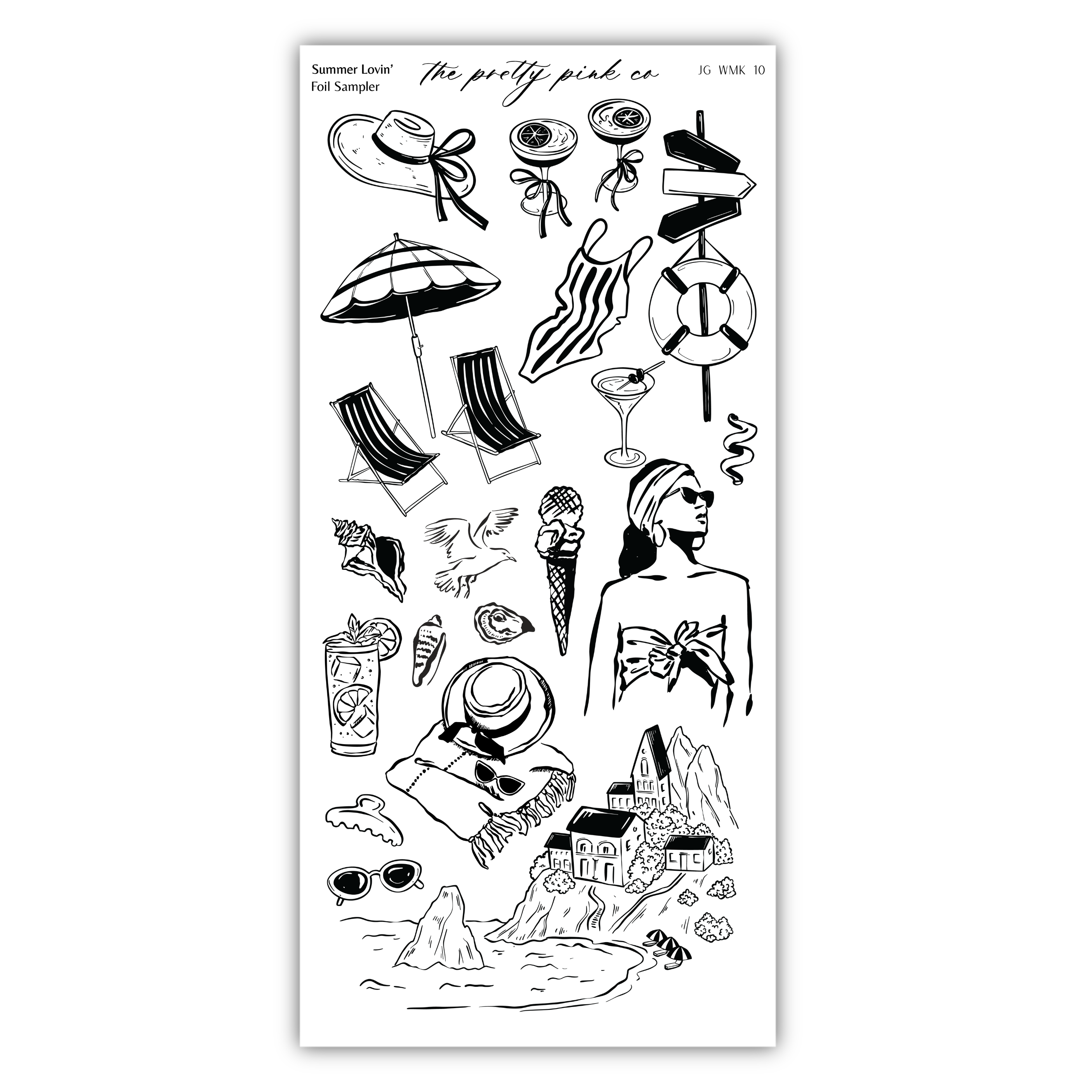 various stylized illustrations of summer-related objects and scenes, including beach chairs, umbrellas, sunglasses, and a woman.