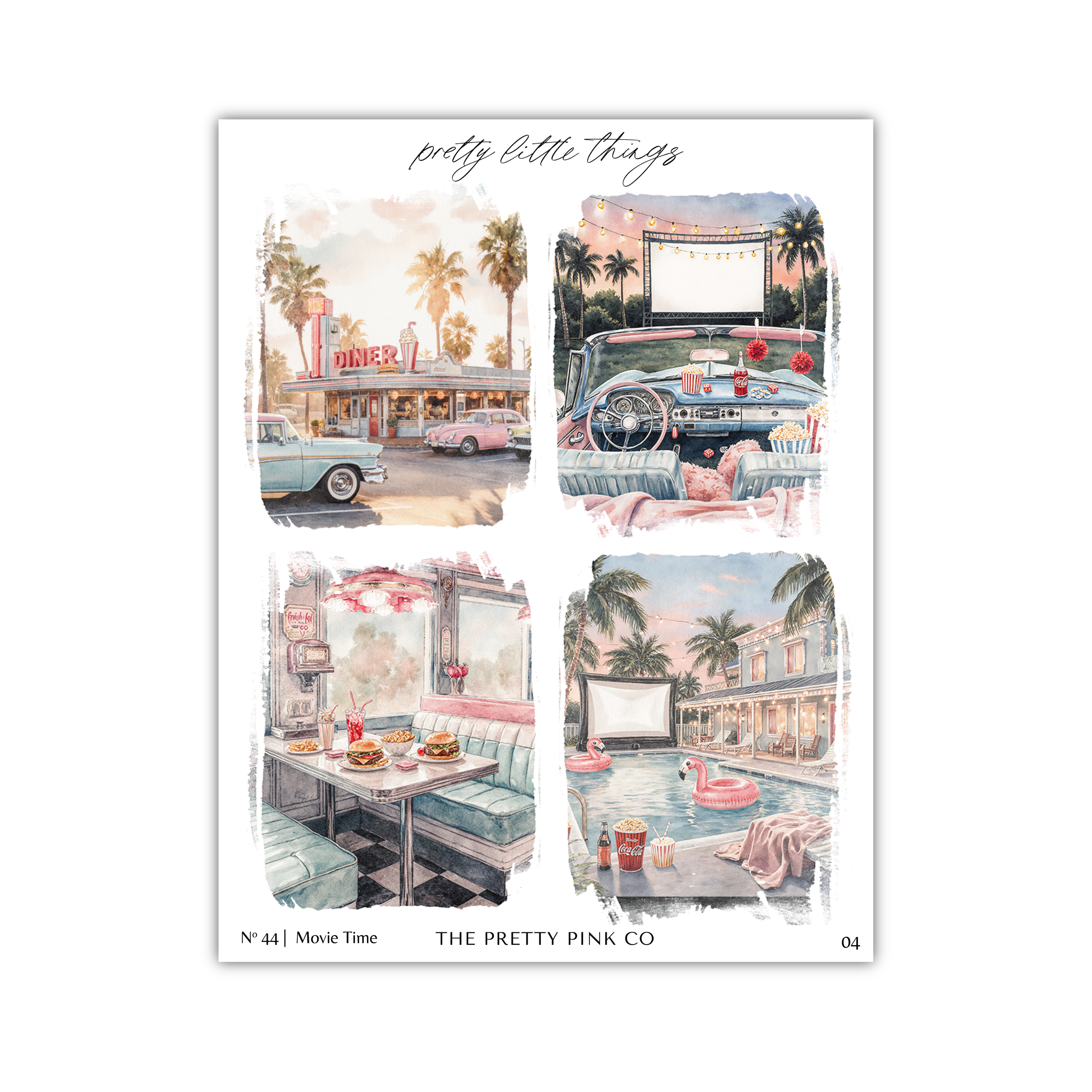 The image is a collage of four different scenes, each depicting a different aspect of a vintage-style setting, including a diner, a car, a pool, and a movie theater.