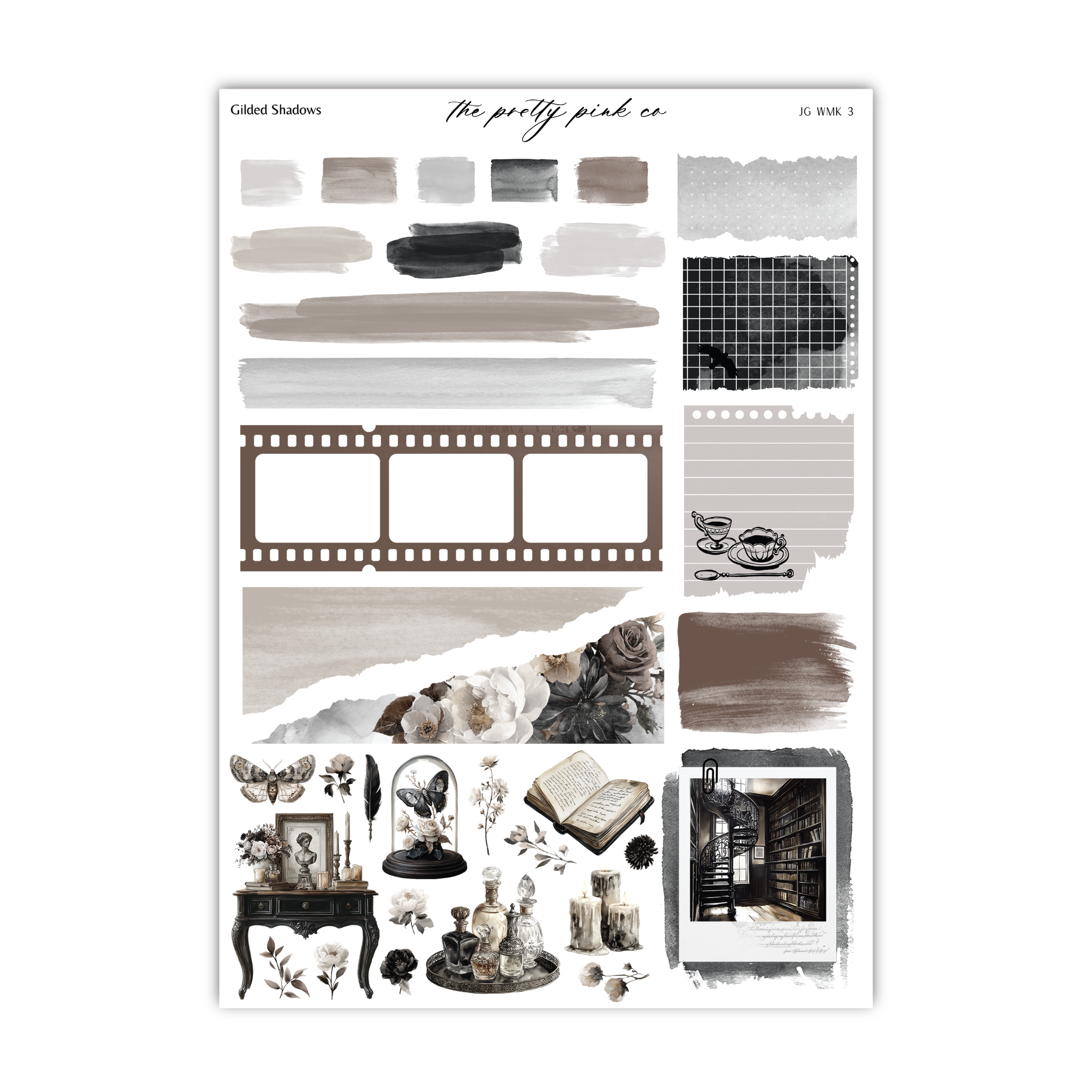 various artistic elements, including a film strip, a book, a vase, a butterfly, a bird, a candle, a picture frame, and a book. The image is a collage of different objects and scenes, and it does not contain any specific text.