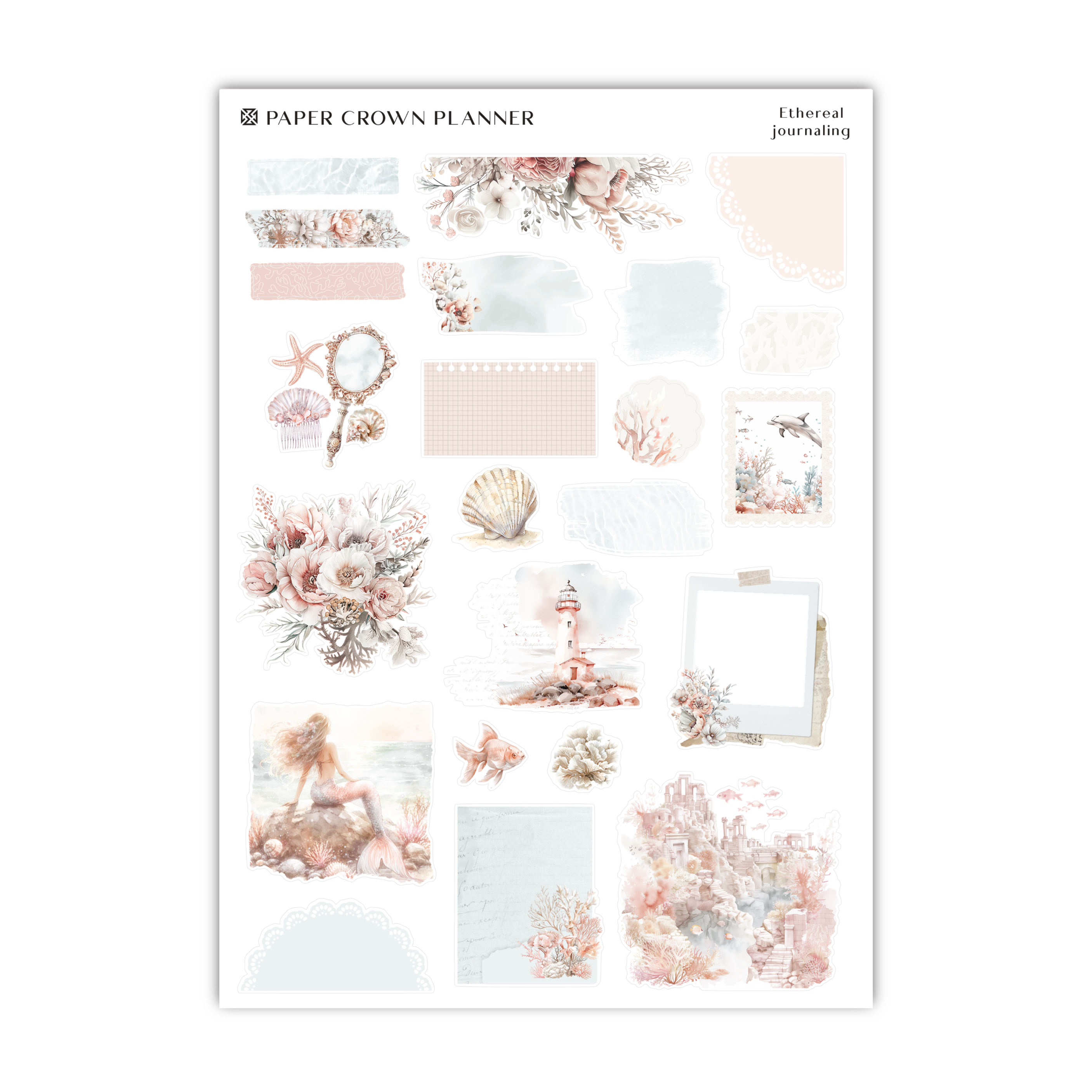 a sticker sheet with pink flowers and seashells
