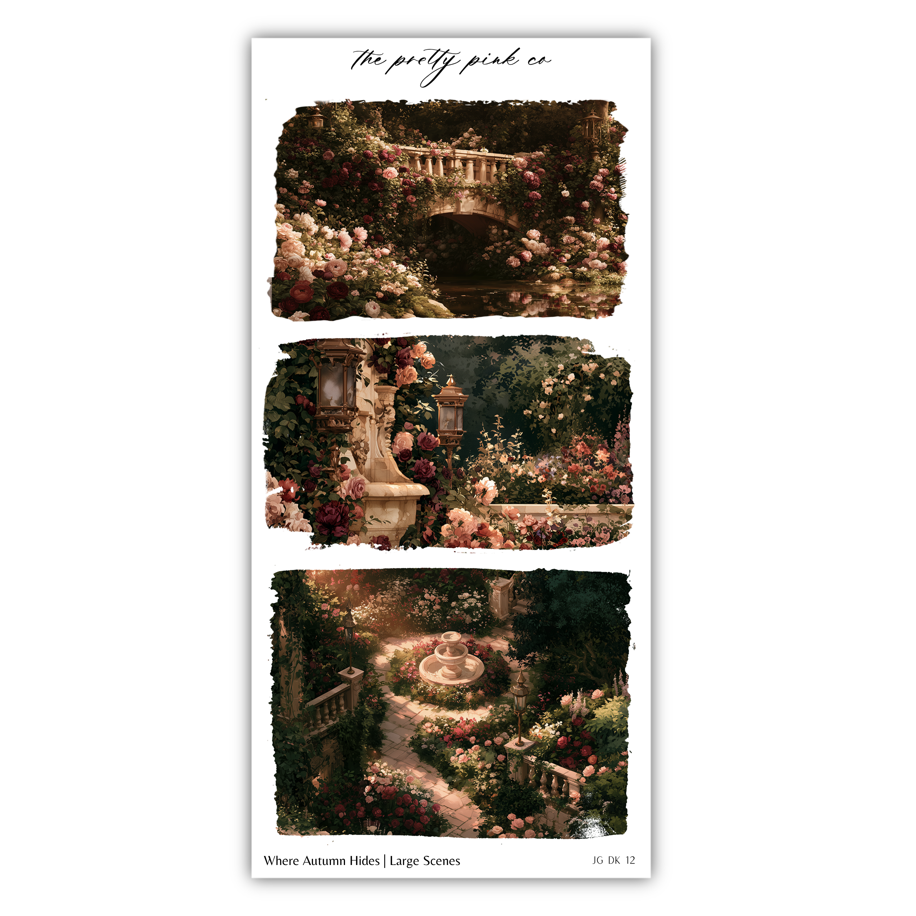 The image is a collage of three pictures depicting various scenes of a garden or park, including a bridge, a fountain, and a path.