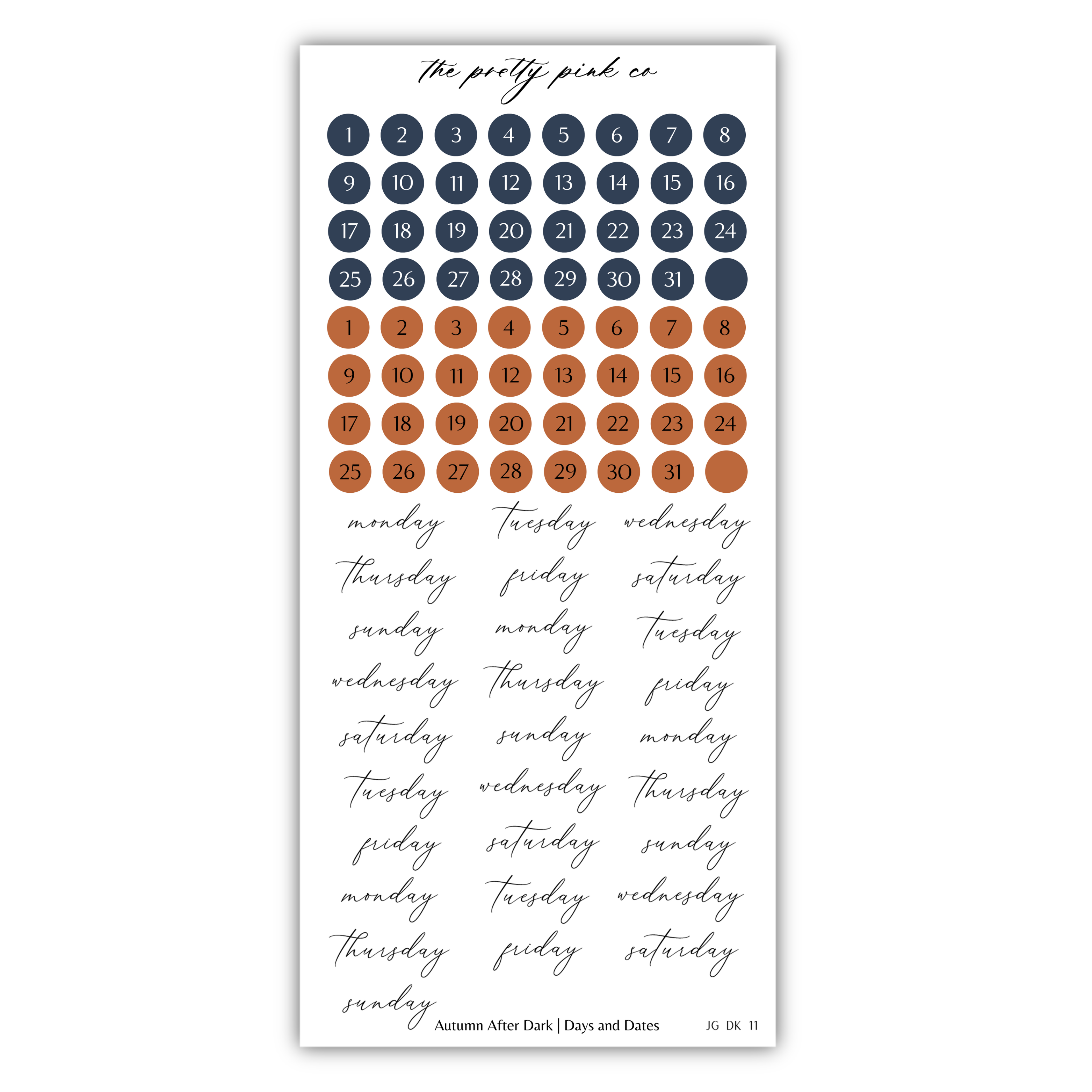 The image is a calendar with a grid of numbered days and a grid of colored circles representing the days of the week. The calendar is titled "The pretty pink co" and includes a note about the "Autumn After Dark" days and dates.