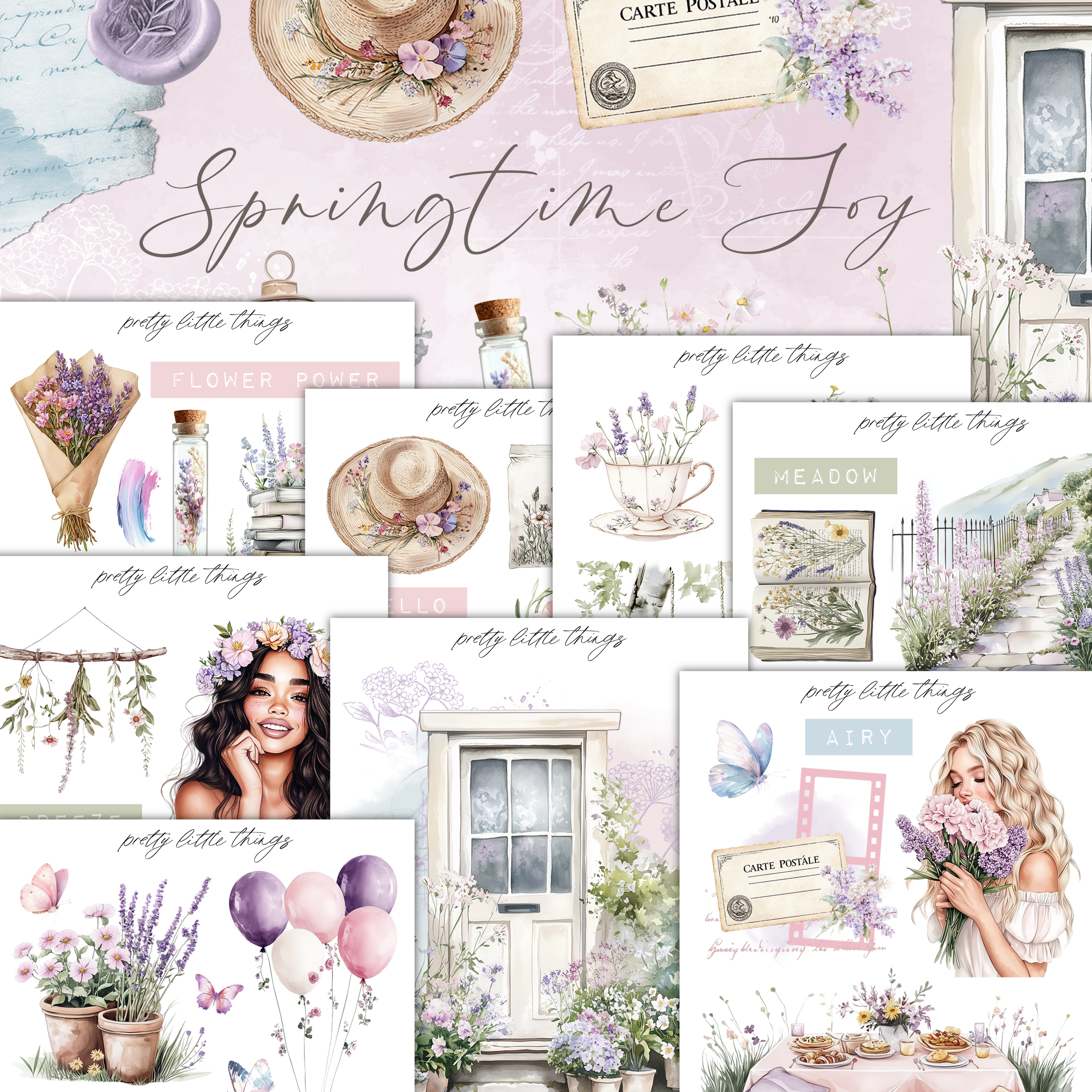 The image is a collage of various illustrations and scenes related to springtime joy, featuring elements such as flowers, balloons, and a woman holding flowers.