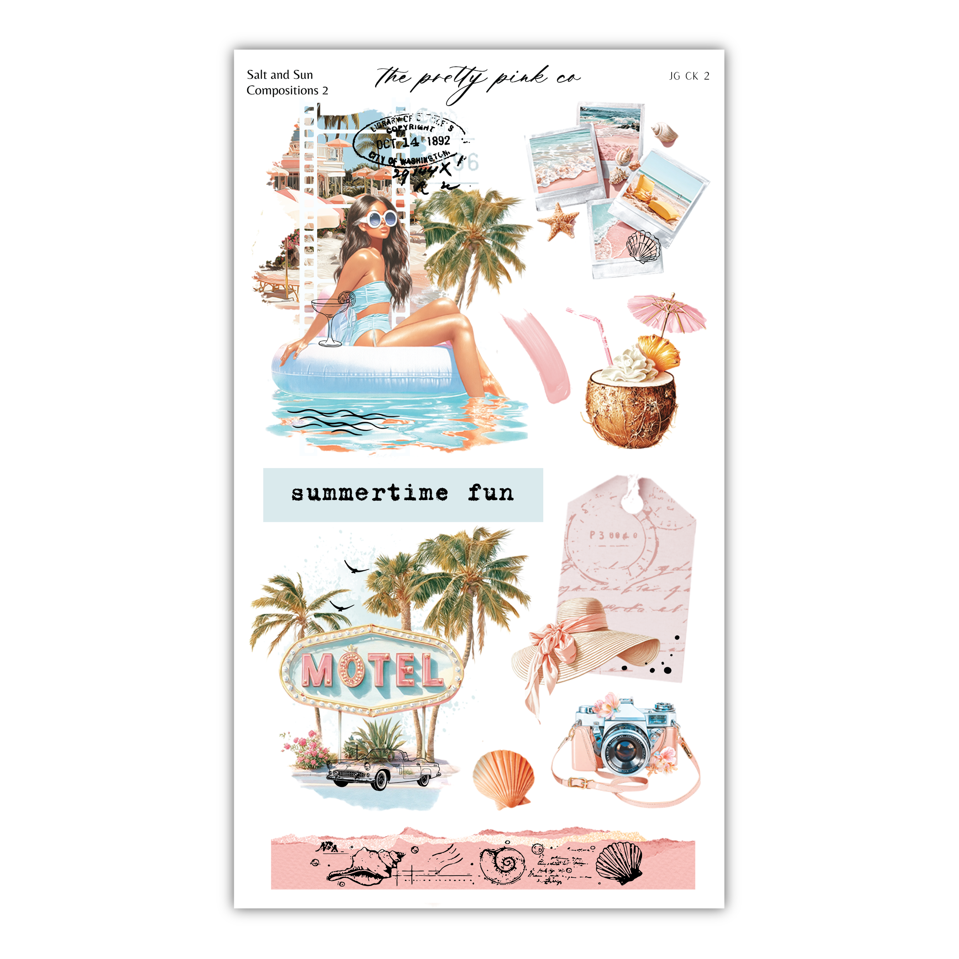 The image is a collage of various summer-themed elements, including a woman in a bathing suit, a beach scene, a motel sign, a cocktail glass, a beach umbrella, a seashell, and a camera.