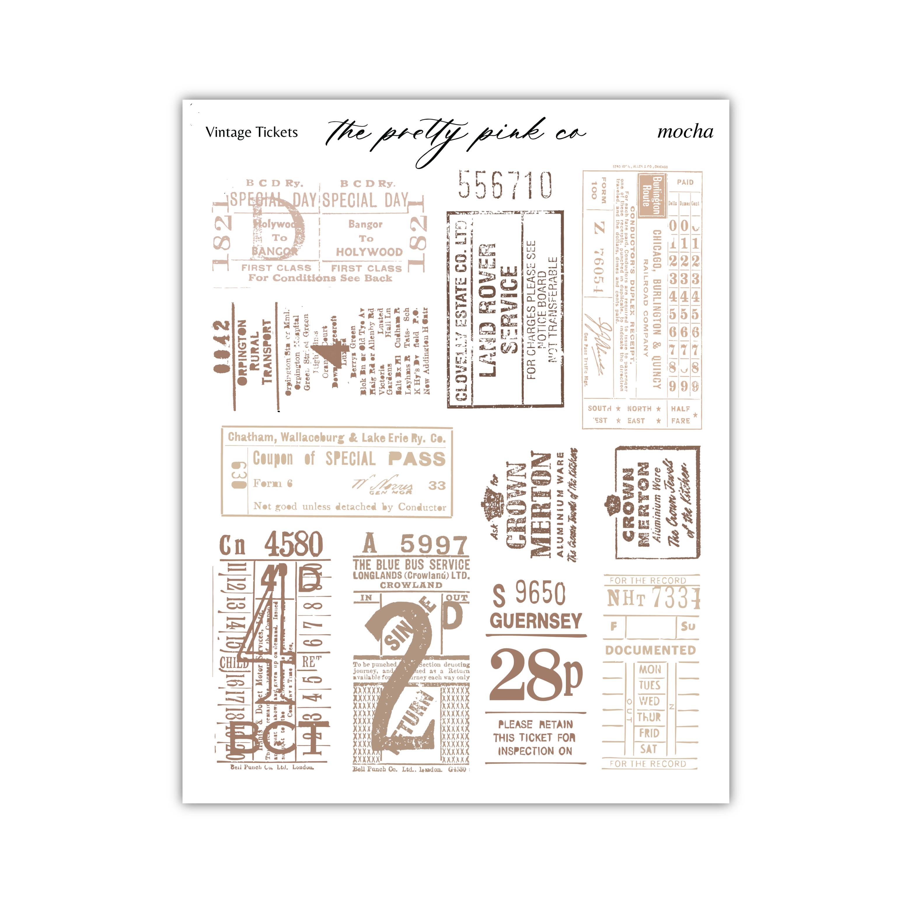a collection of vintage-style tickets and passes, including various types of tickets and passes with different designs and text.