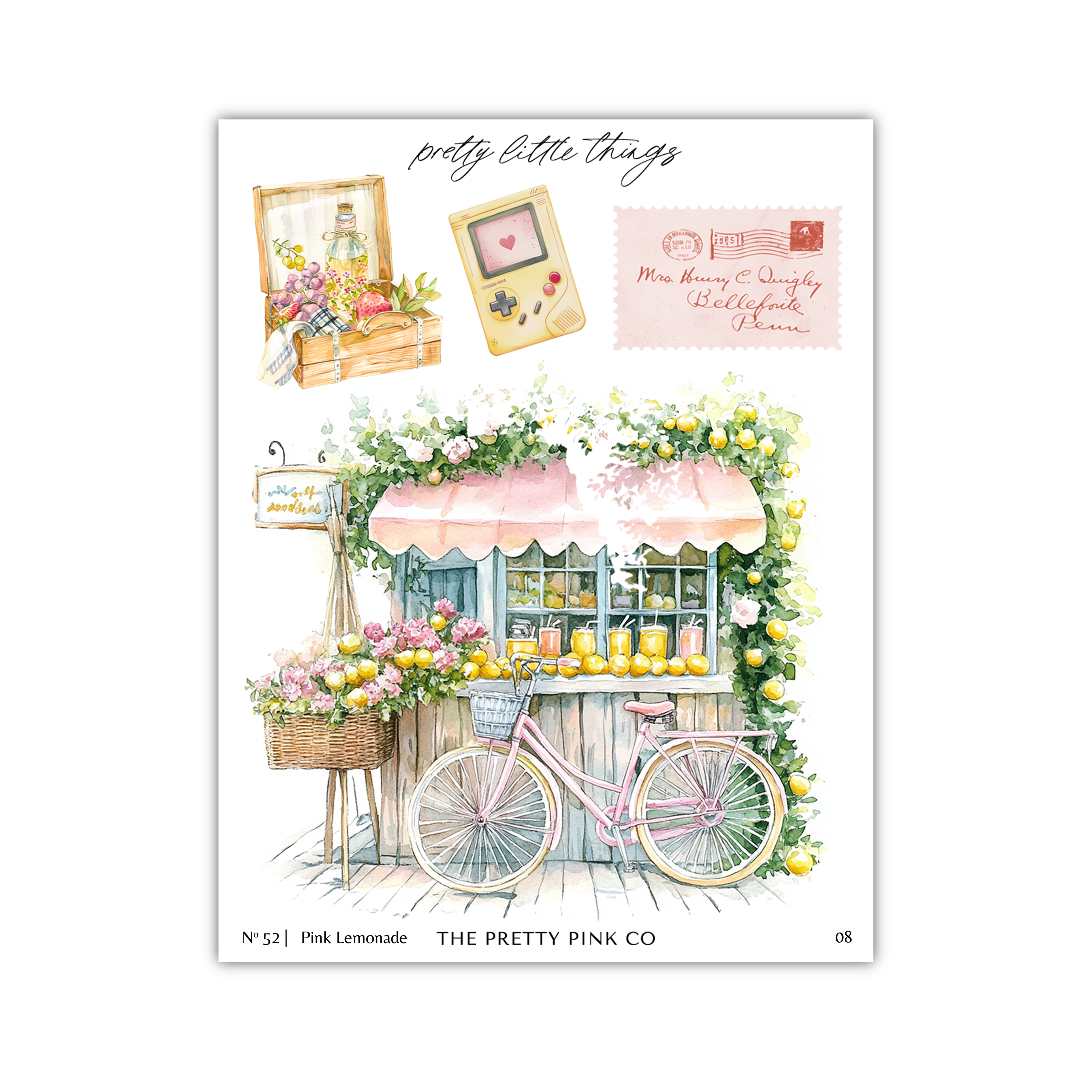 The image is a collage of various elements, including a bicycle, a lemonade stand, flowers, and a pink lemonade cart.